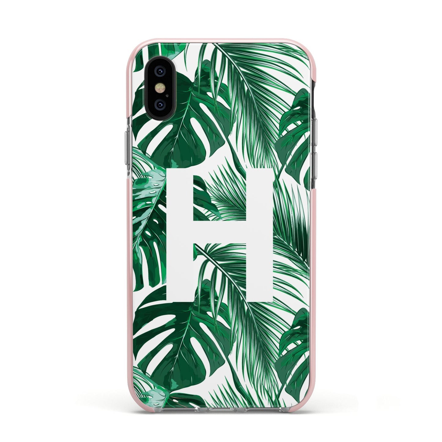 Personalised Palm Monstera Leaf Tropical Print Apple iPhone Xs Impact Case Pink Edge on Black Phone