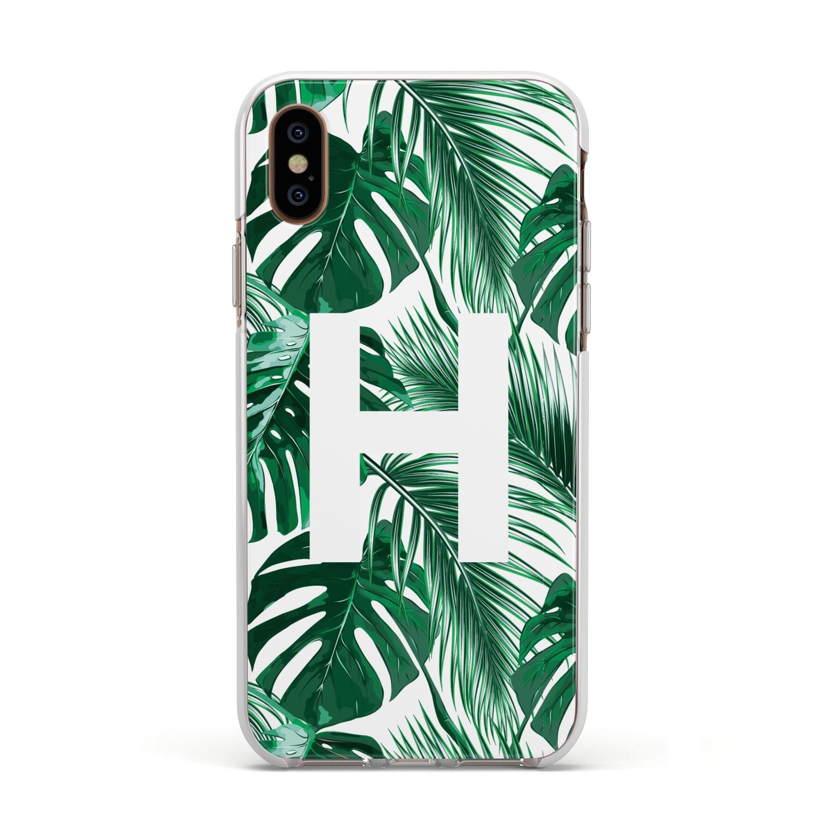 Personalised Palm Monstera Leaf Tropical Print Apple iPhone Xs Impact Case White Edge on Gold Phone