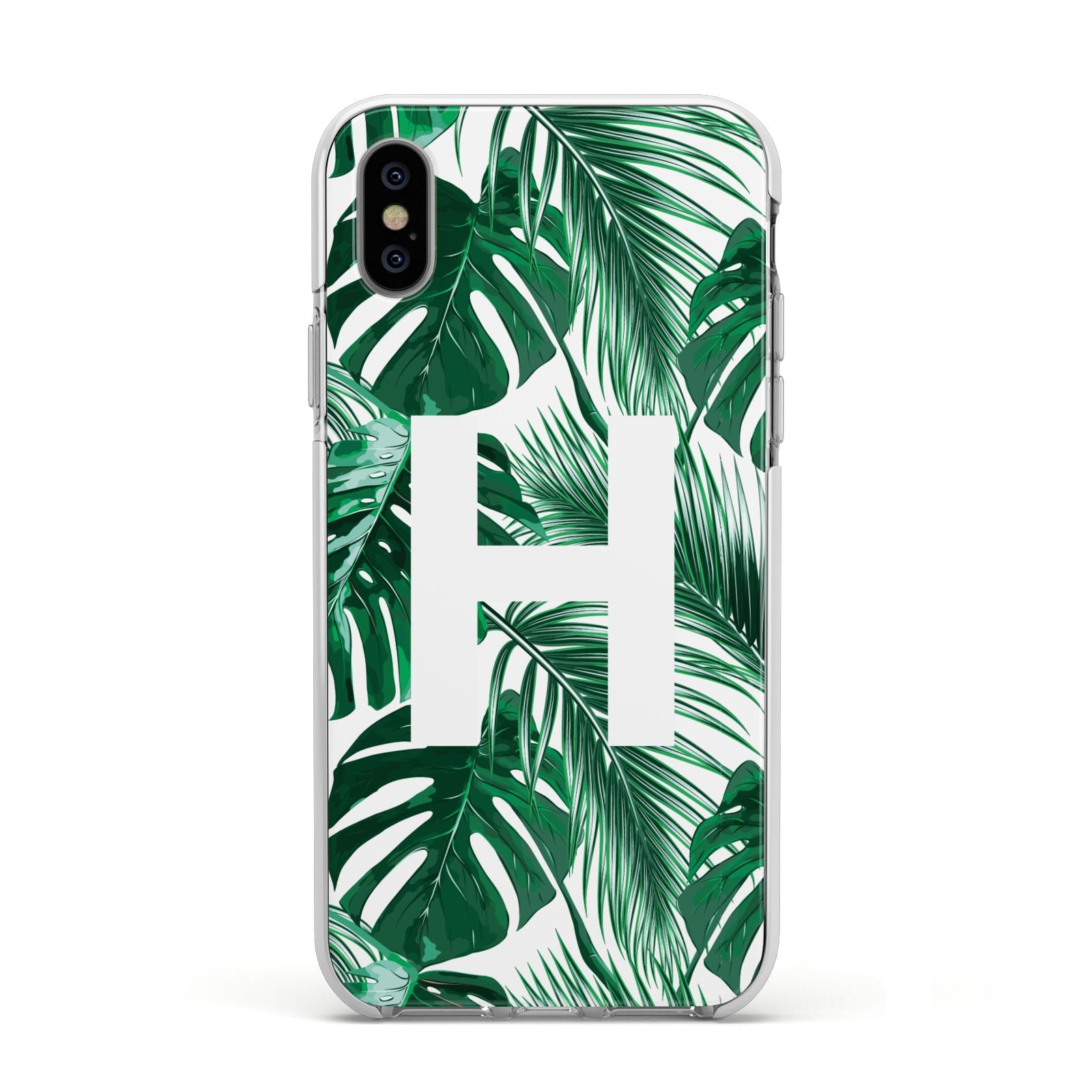 Personalised Palm Monstera Leaf Tropical Print Apple iPhone Xs Impact Case White Edge on Silver Phone