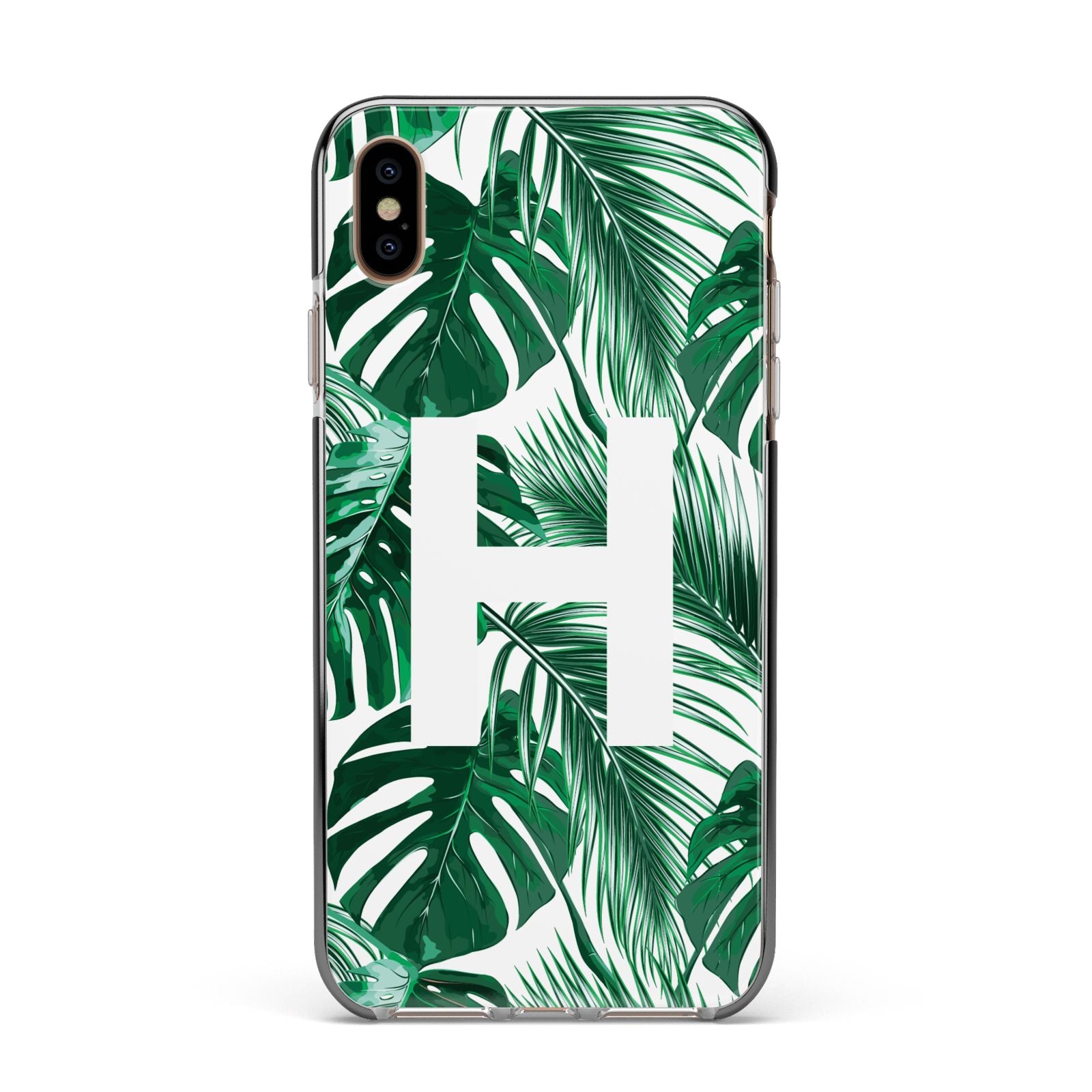 Personalised Palm Monstera Leaf Tropical Print Apple iPhone Xs Max Impact Case Black Edge on Gold Phone