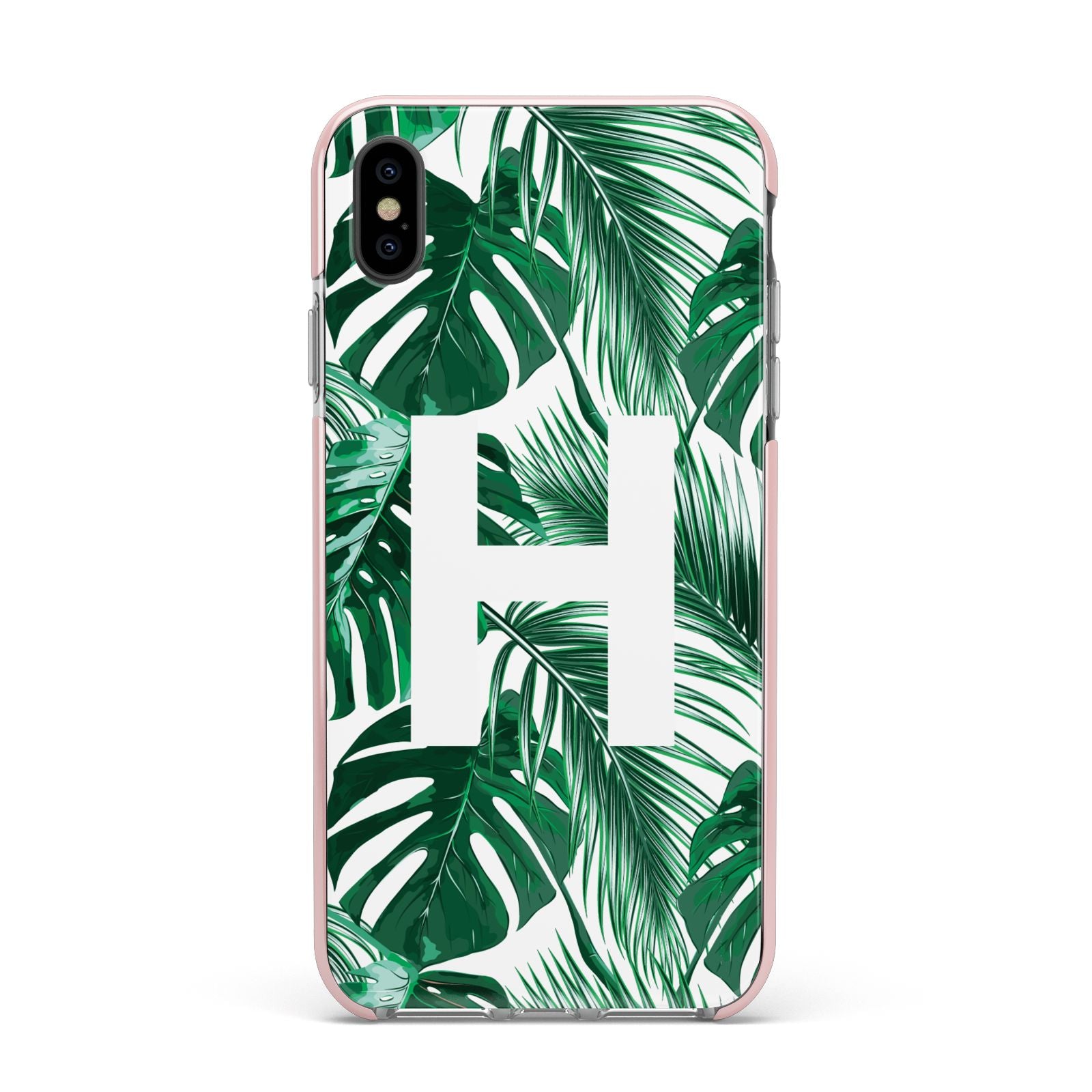 Personalised Palm Monstera Leaf Tropical Print Apple iPhone Xs Max Impact Case Pink Edge on Black Phone