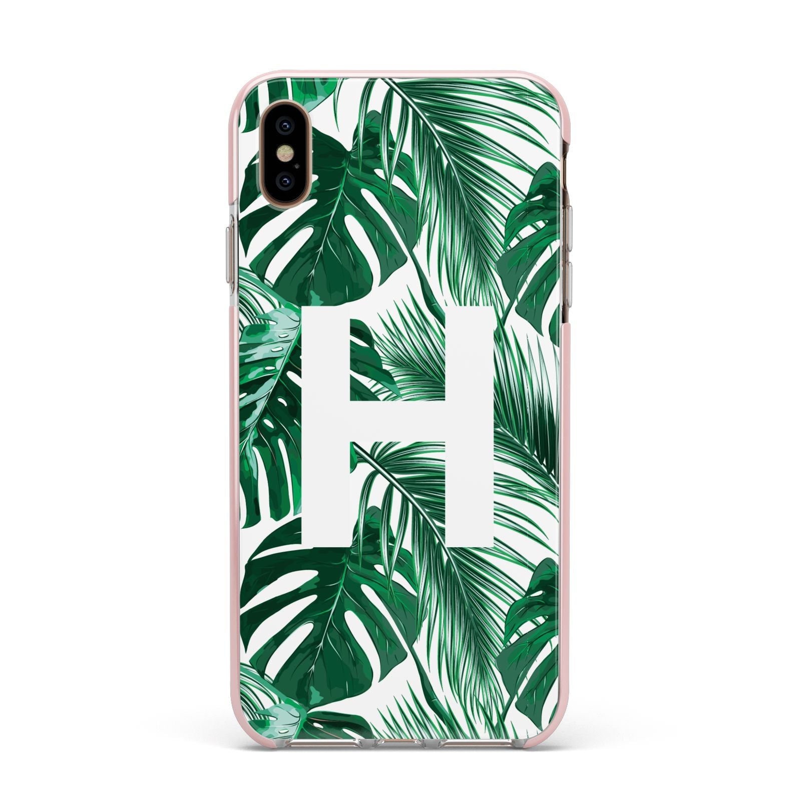 Personalised Palm Monstera Leaf Tropical Print Apple iPhone Xs Max Impact Case Pink Edge on Gold Phone
