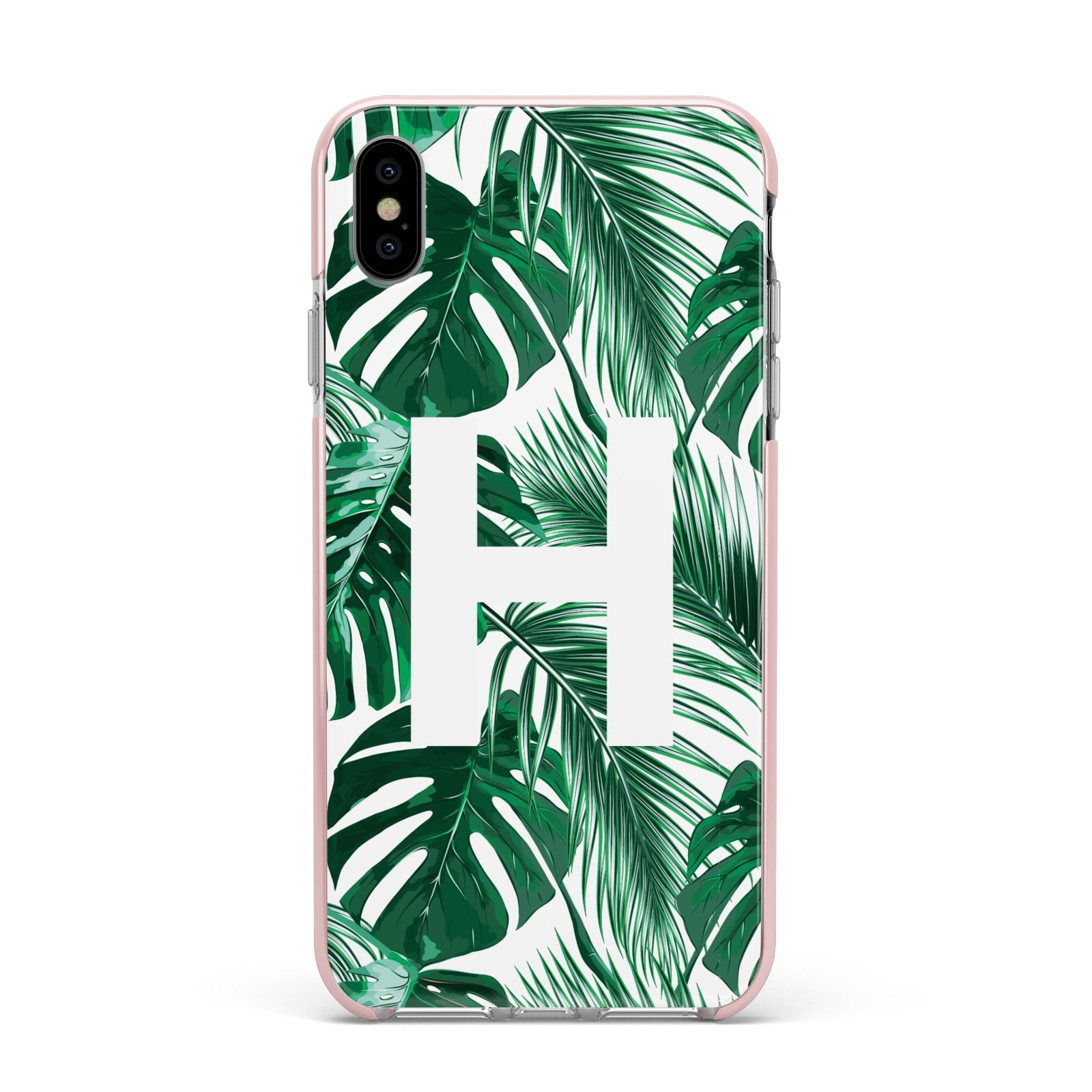 Personalised Palm Monstera Leaf Tropical Print Apple iPhone Xs Max Impact Case Pink Edge on Silver Phone