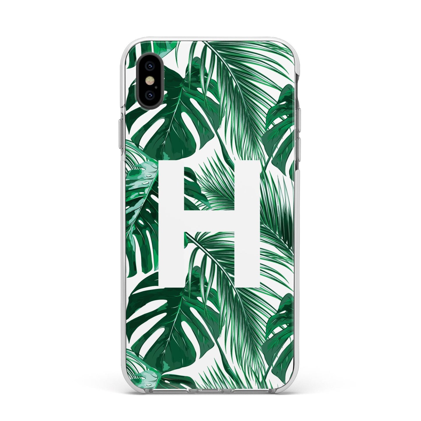 Personalised Palm Monstera Leaf Tropical Print Apple iPhone Xs Max Impact Case White Edge on Black Phone