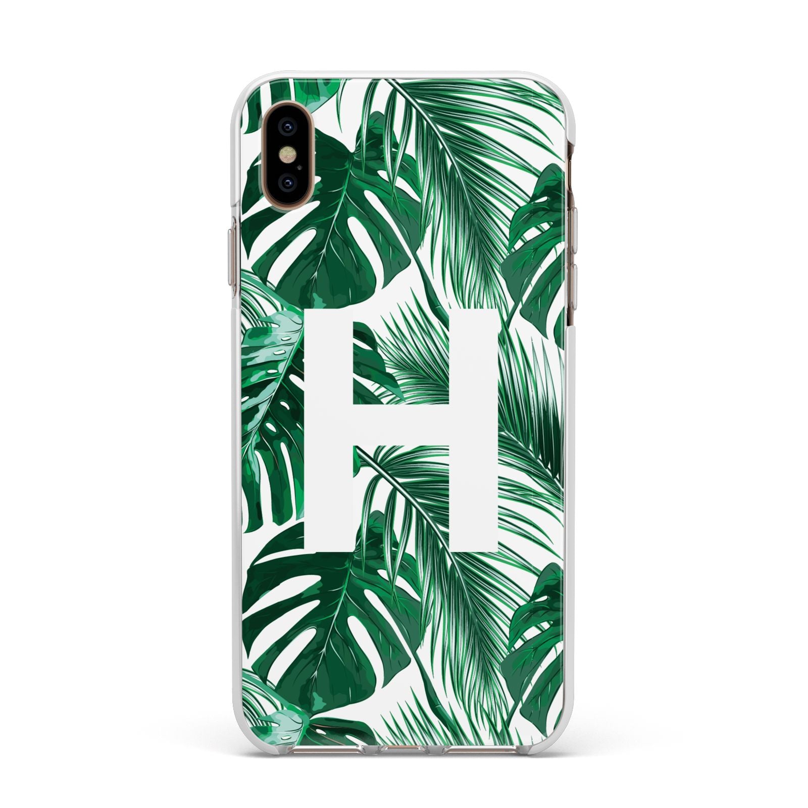 Personalised Palm Monstera Leaf Tropical Print Apple iPhone Xs Max Impact Case White Edge on Gold Phone