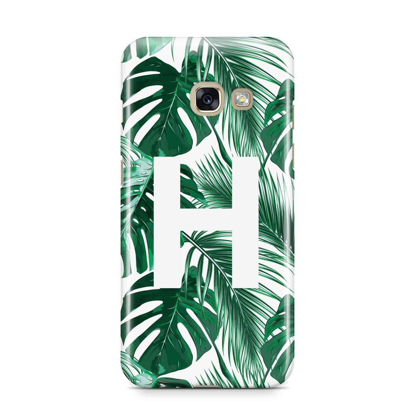 Personalised Palm Monstera Leaf Tropical Print Samsung Galaxy A3 2017 Case on gold phone