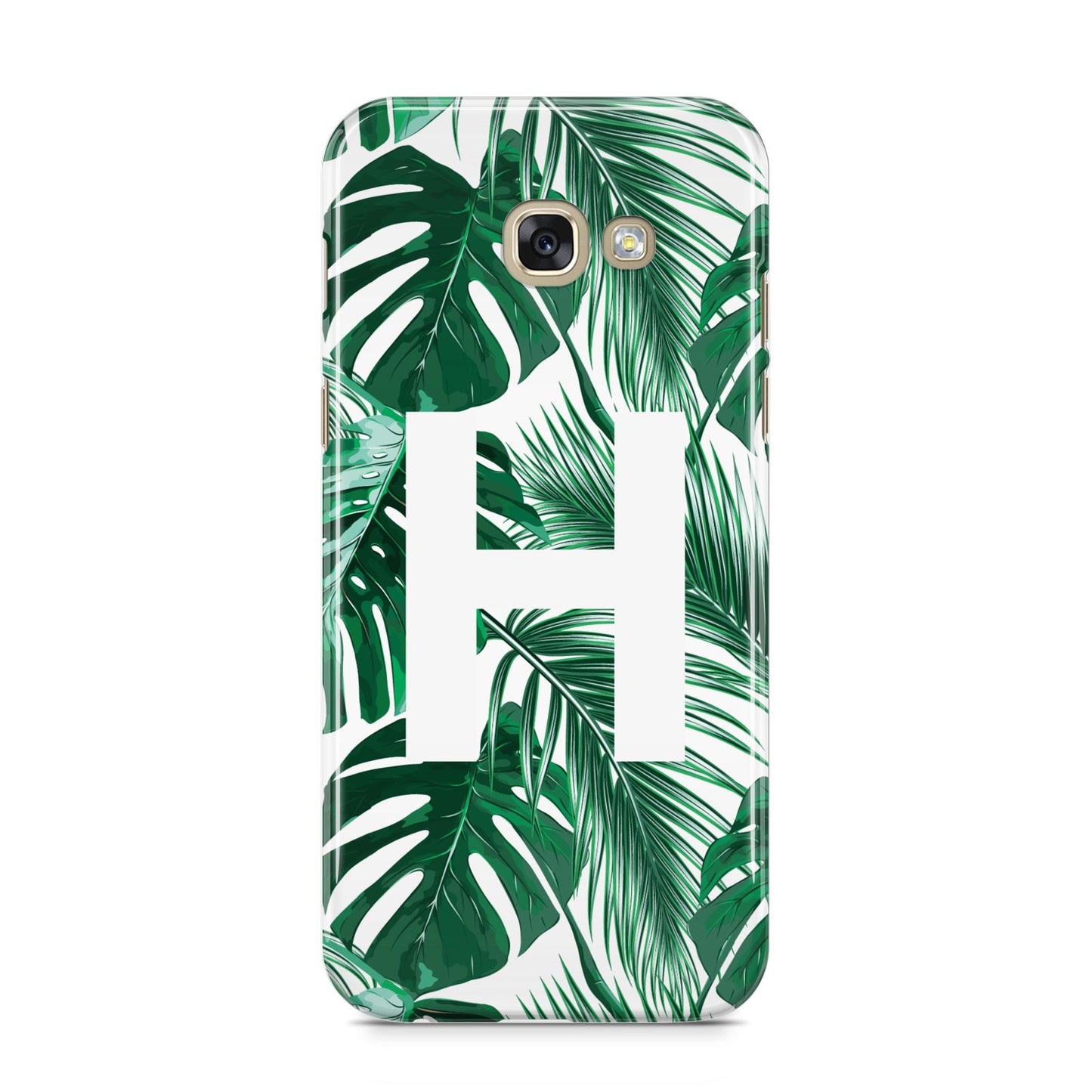 Personalised Palm Monstera Leaf Tropical Print Samsung Galaxy A5 2017 Case on gold phone