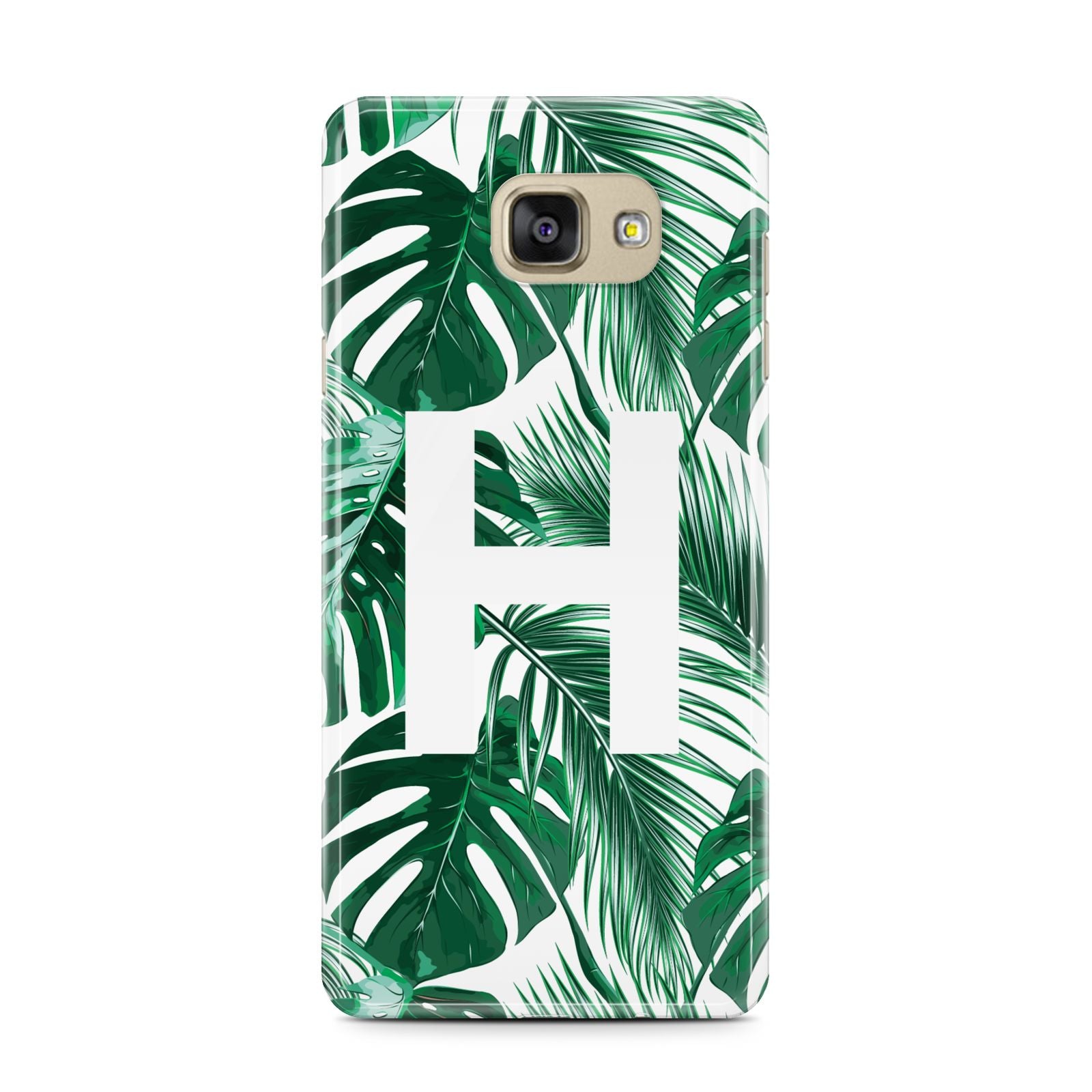 Personalised Palm Monstera Leaf Tropical Print Samsung Galaxy A7 2016 Case on gold phone