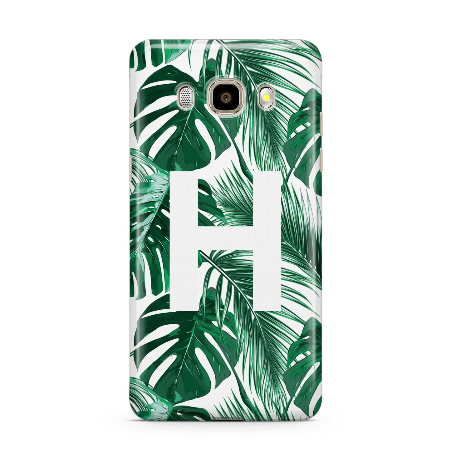 Personalised Palm Monstera Leaf Tropical Print Samsung Galaxy J7 2016 Case on gold phone