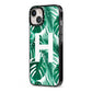Personalised Palm Monstera Leaf Tropical Print iPhone 13 Black Impact Case Side Angle on Silver phone