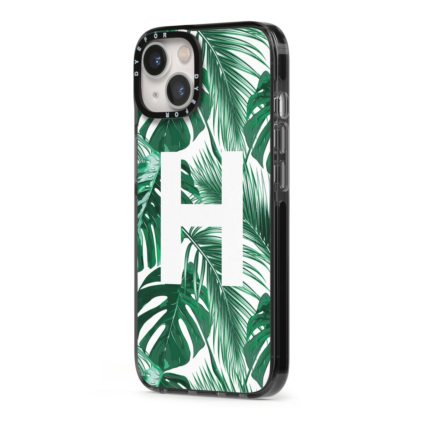 Personalised Palm Monstera Leaf Tropical Print iPhone 13 Black Impact Case Side Angle on Silver phone