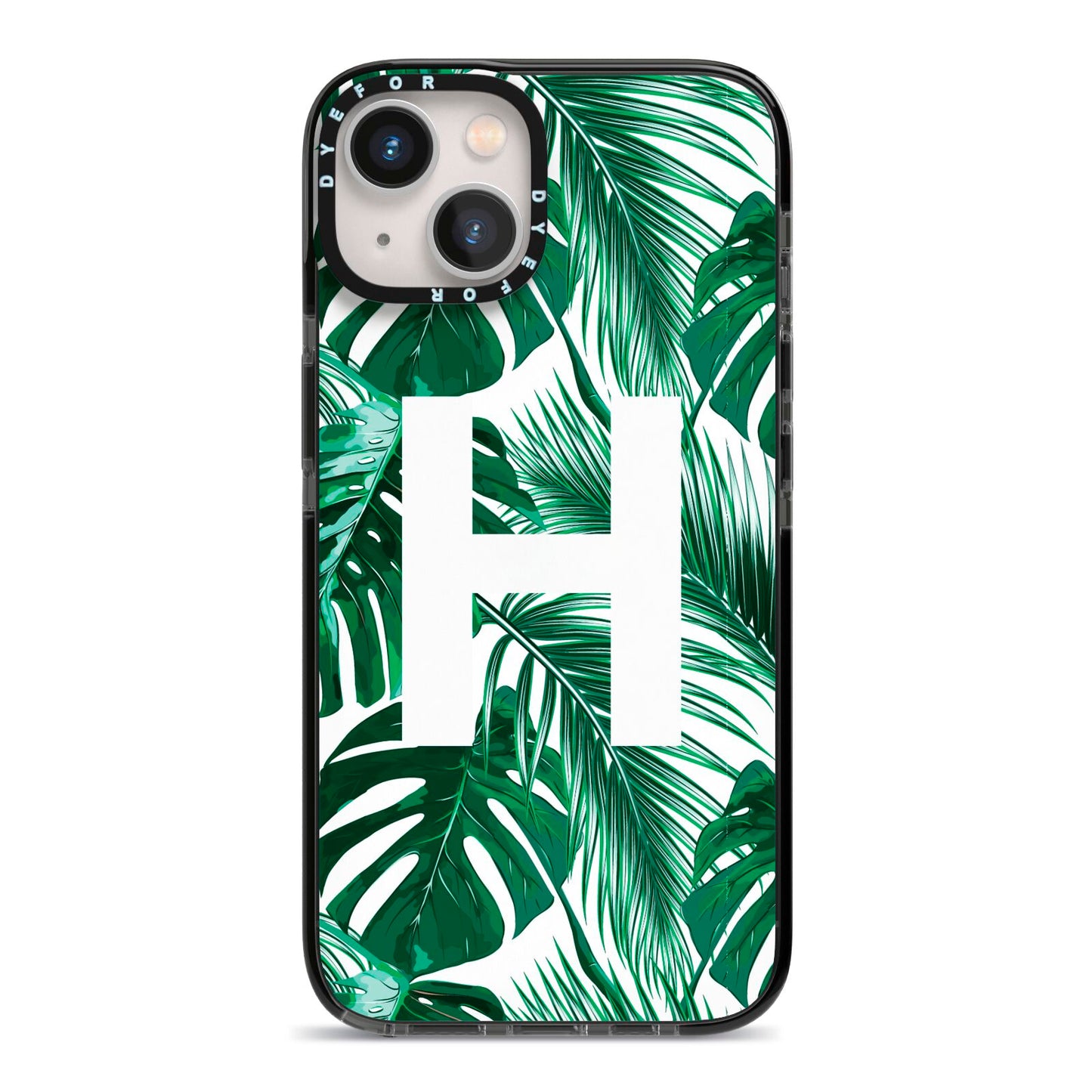 Personalised Palm Monstera Leaf Tropical Print iPhone 13 Black Impact Case on Silver phone