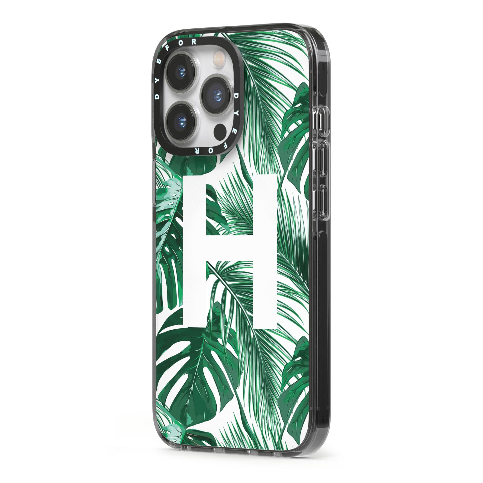 Personalised Palm Monstera Leaf Tropical Print iPhone 13 Pro Black Impact Case Side Angle on Silver phone