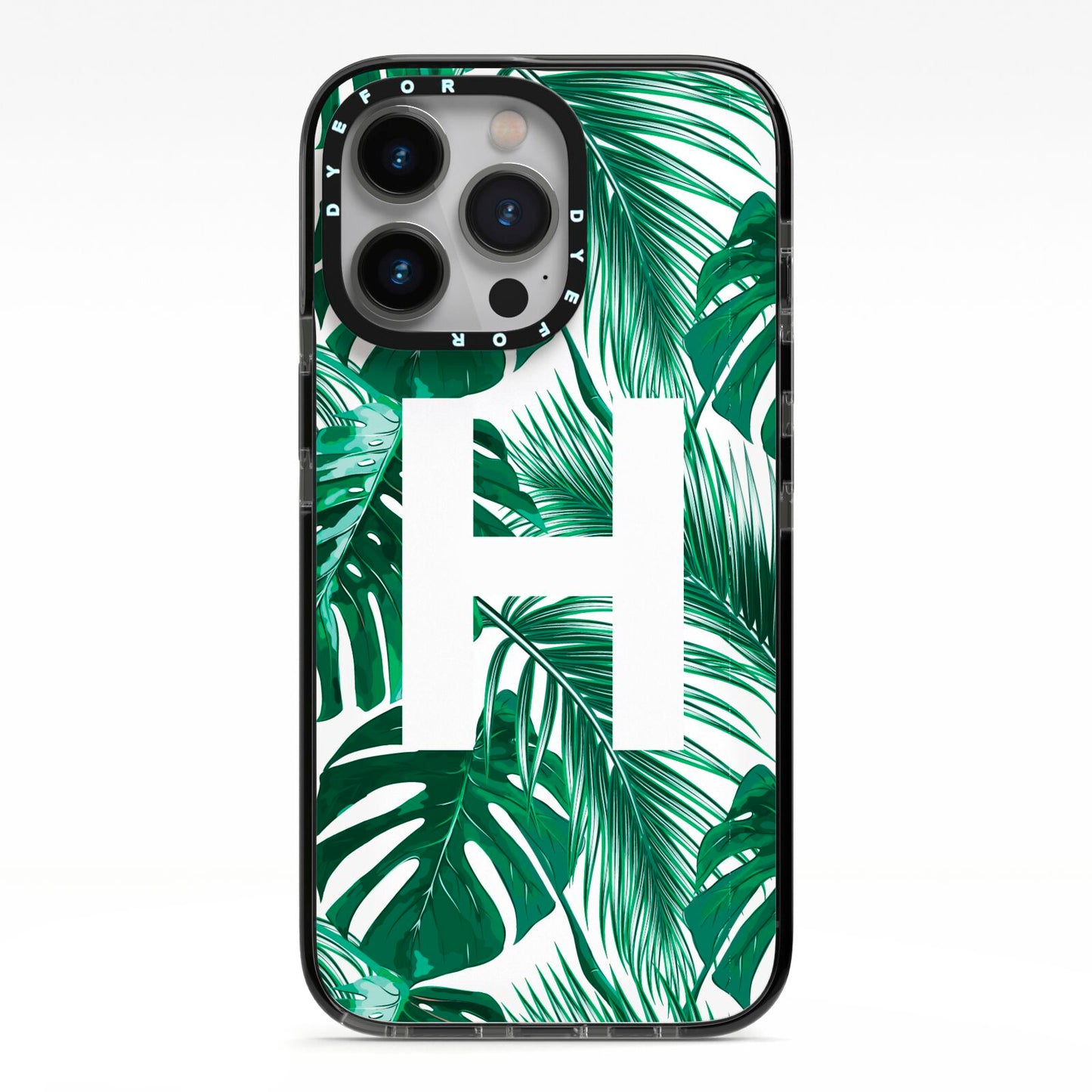 Personalised Palm Monstera Leaf Tropical Print iPhone 13 Pro Black Impact Case on Silver phone