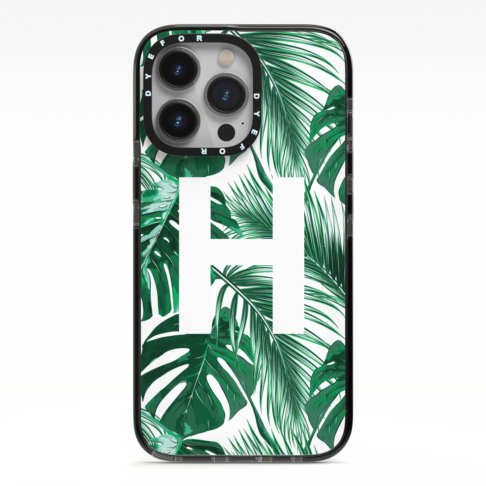 Personalised Palm Monstera Leaf Tropical Print iPhone 13 Pro Black Impact Case on Silver phone