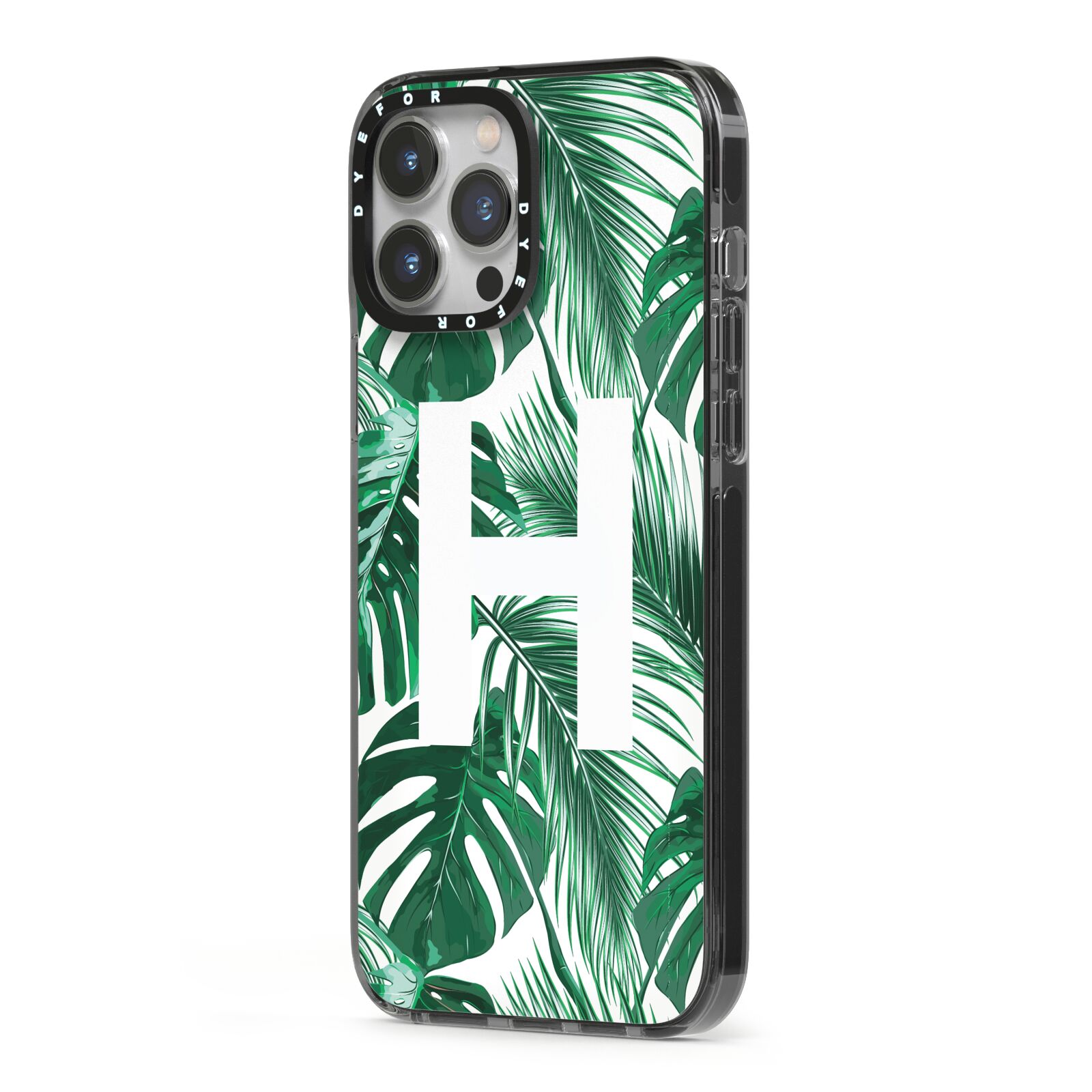 Personalised Palm Monstera Leaf Tropical Print iPhone 13 Pro Max Black Impact Case Side Angle on Silver phone
