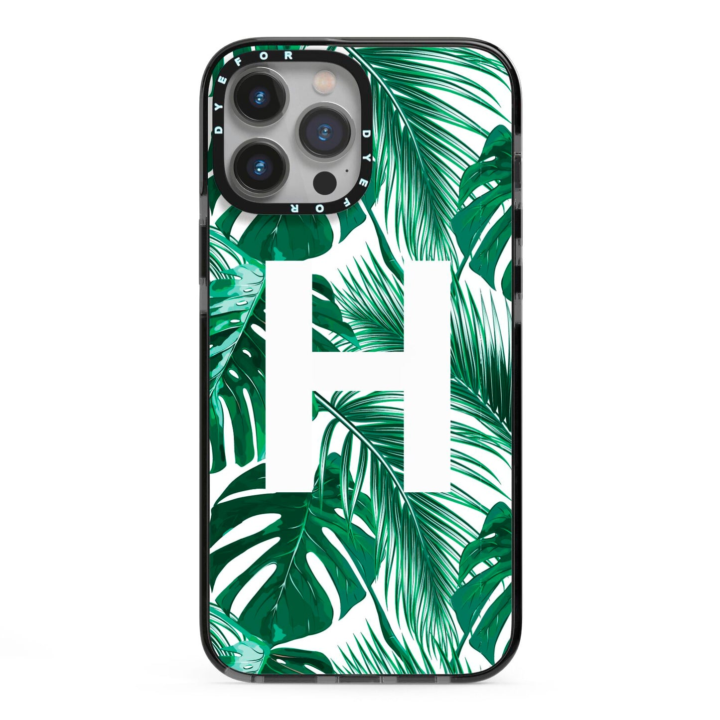 Personalised Palm Monstera Leaf Tropical Print iPhone 13 Pro Max Black Impact Case on Silver phone