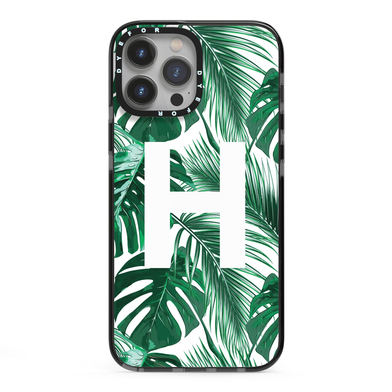 Personalised Palm Monstera Leaf Tropical Print iPhone 13 Pro Max Black Impact Case on Silver phone