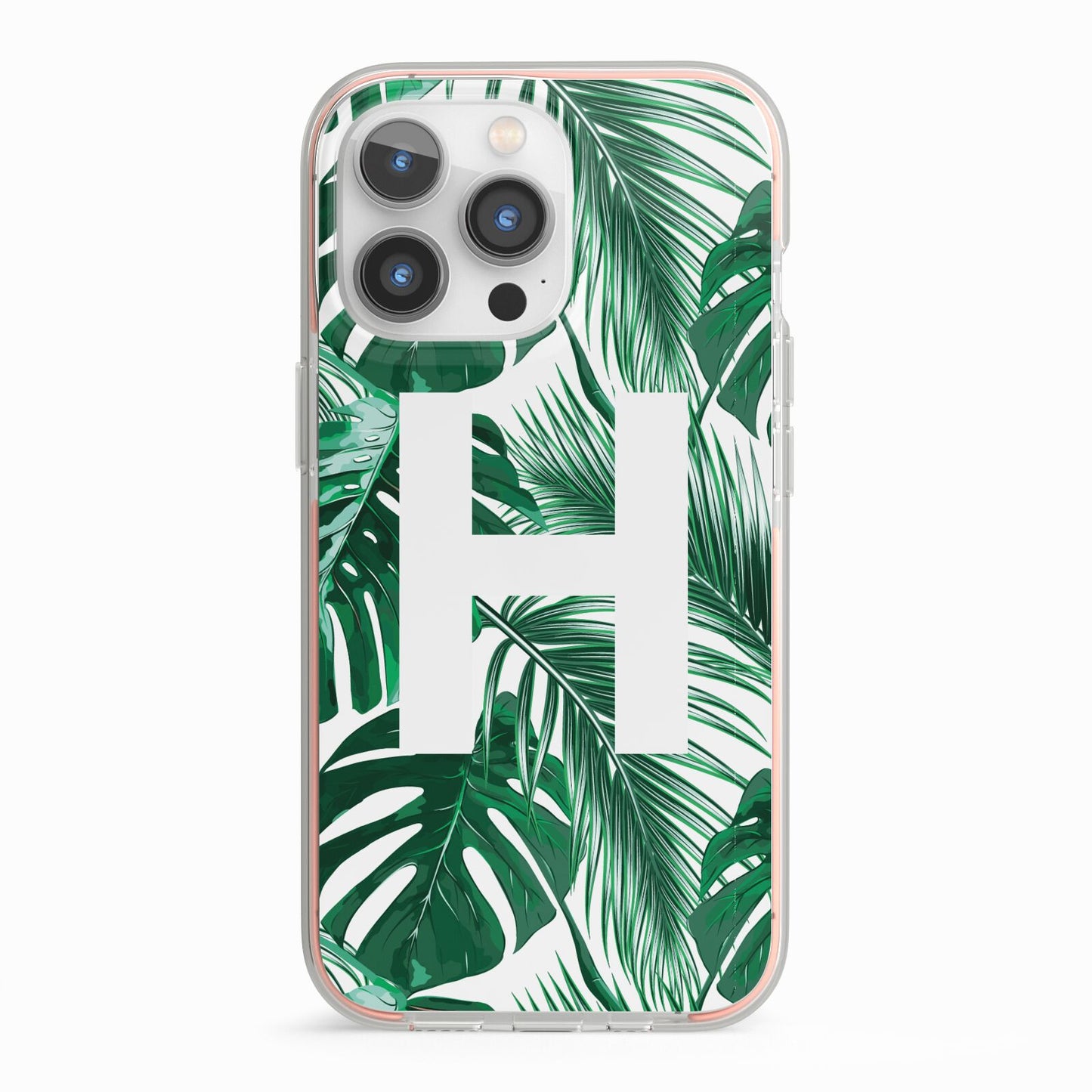 Personalised Palm Monstera Leaf Tropical Print iPhone 13 Pro TPU Impact Case with Pink Edges