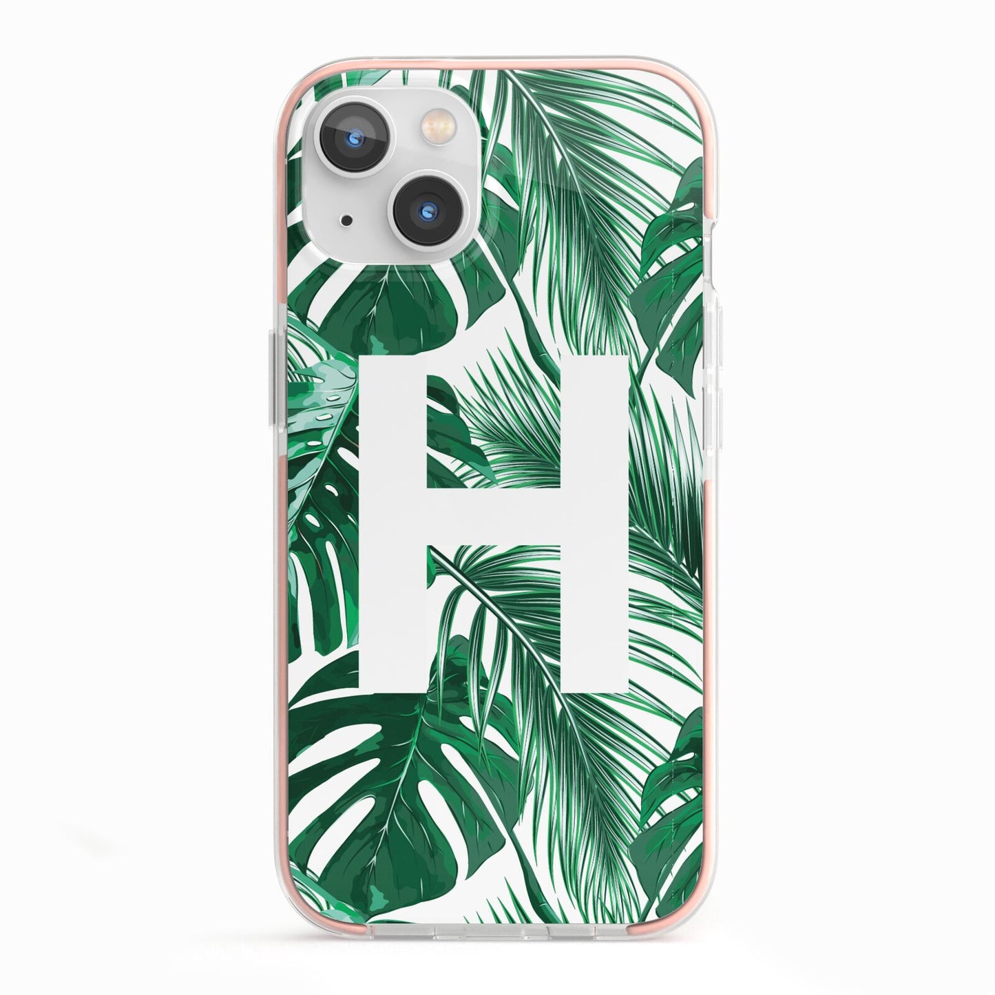 Personalised Palm Monstera Leaf Tropical Print iPhone 13 TPU Impact Case with Pink Edges