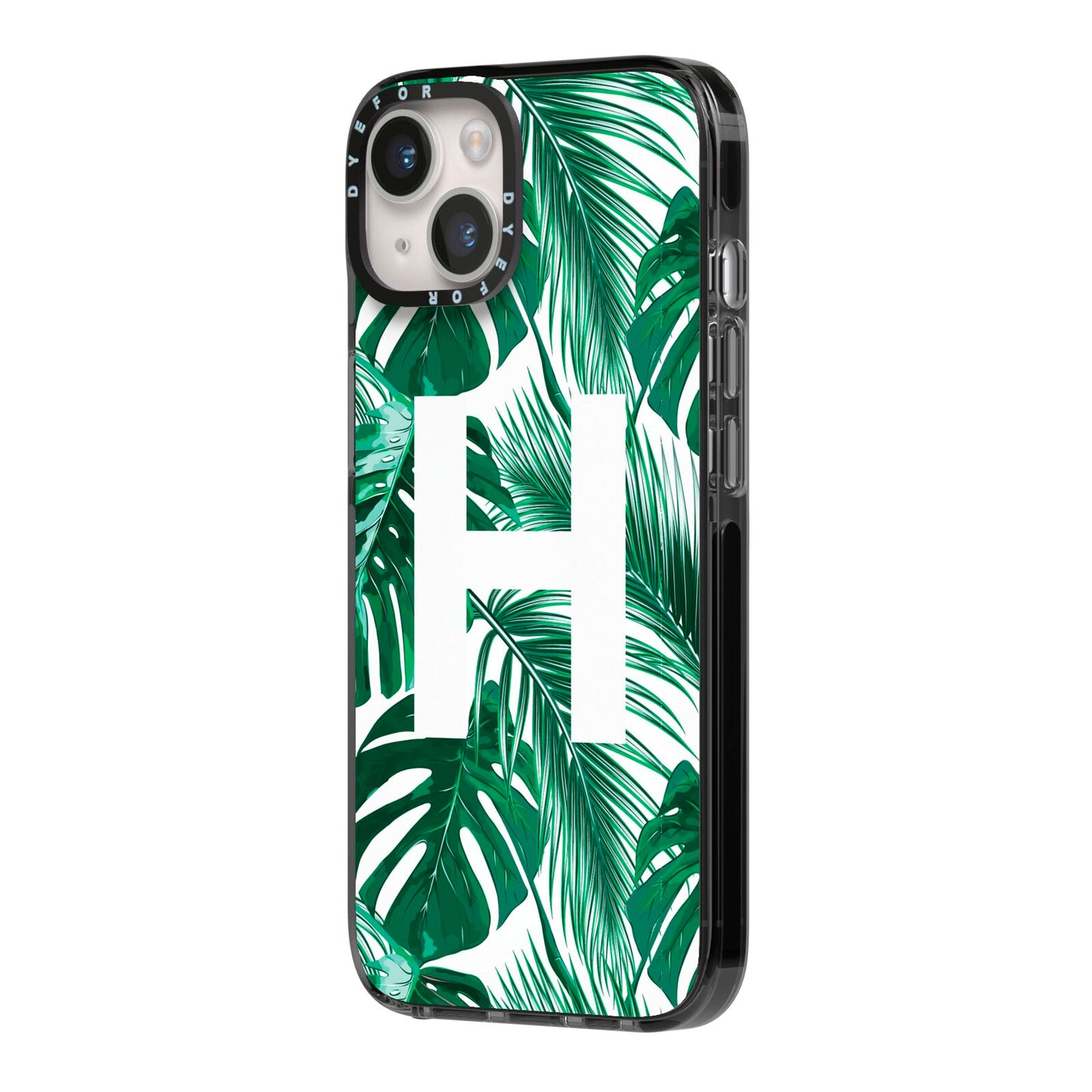 Personalised Palm Monstera Leaf Tropical Print iPhone 14 Black Impact Case Side Angle on Silver phone