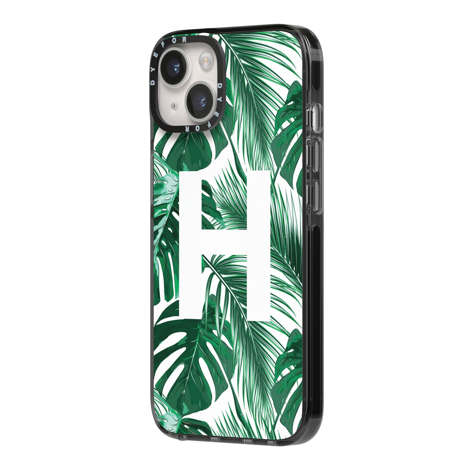 Personalised Palm Monstera Leaf Tropical Print iPhone 14 Black Impact Case Side Angle on Silver phone
