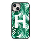 Personalised Palm Monstera Leaf Tropical Print iPhone 14 Black Impact Case on Silver phone