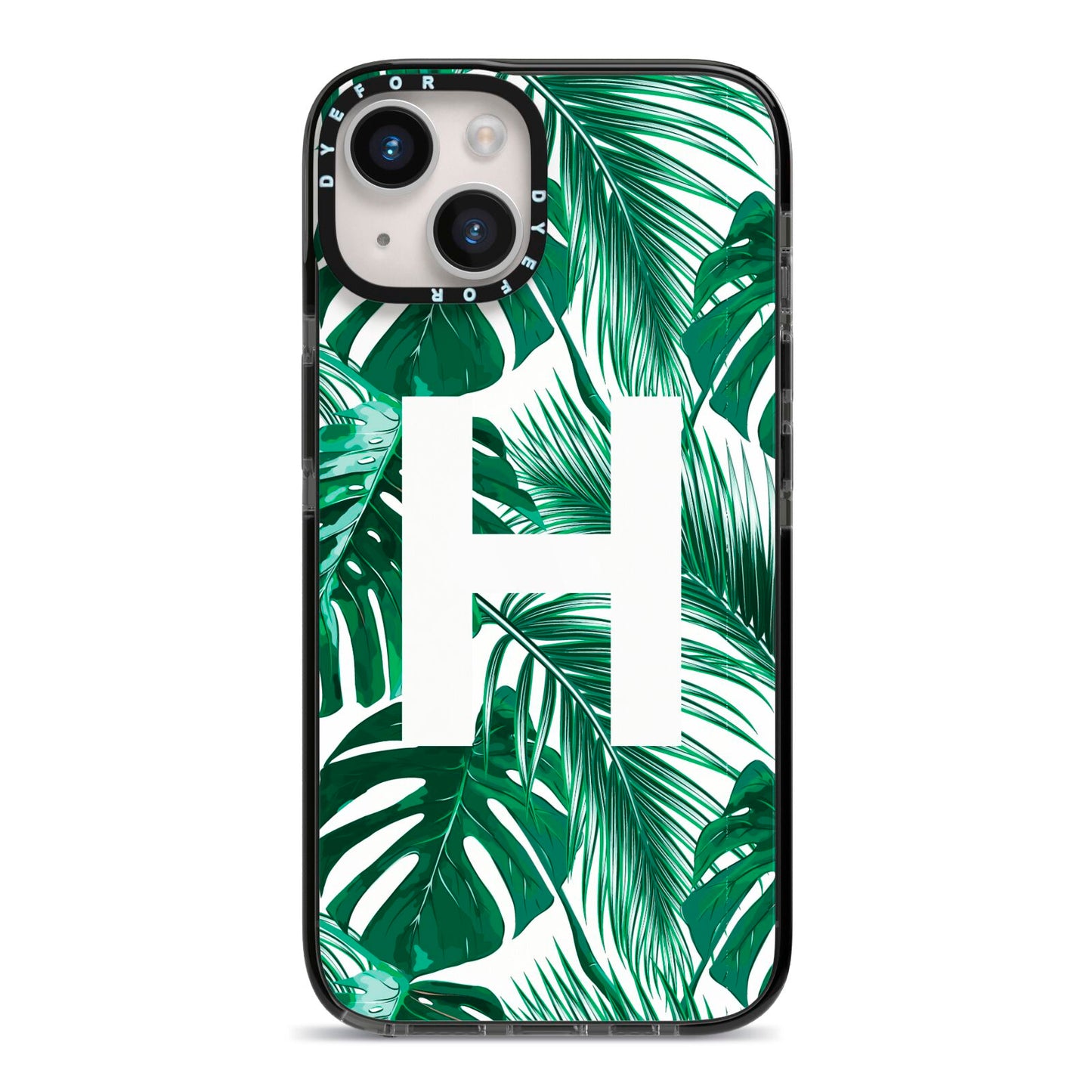 Personalised Palm Monstera Leaf Tropical Print iPhone 14 Black Impact Case on Silver phone