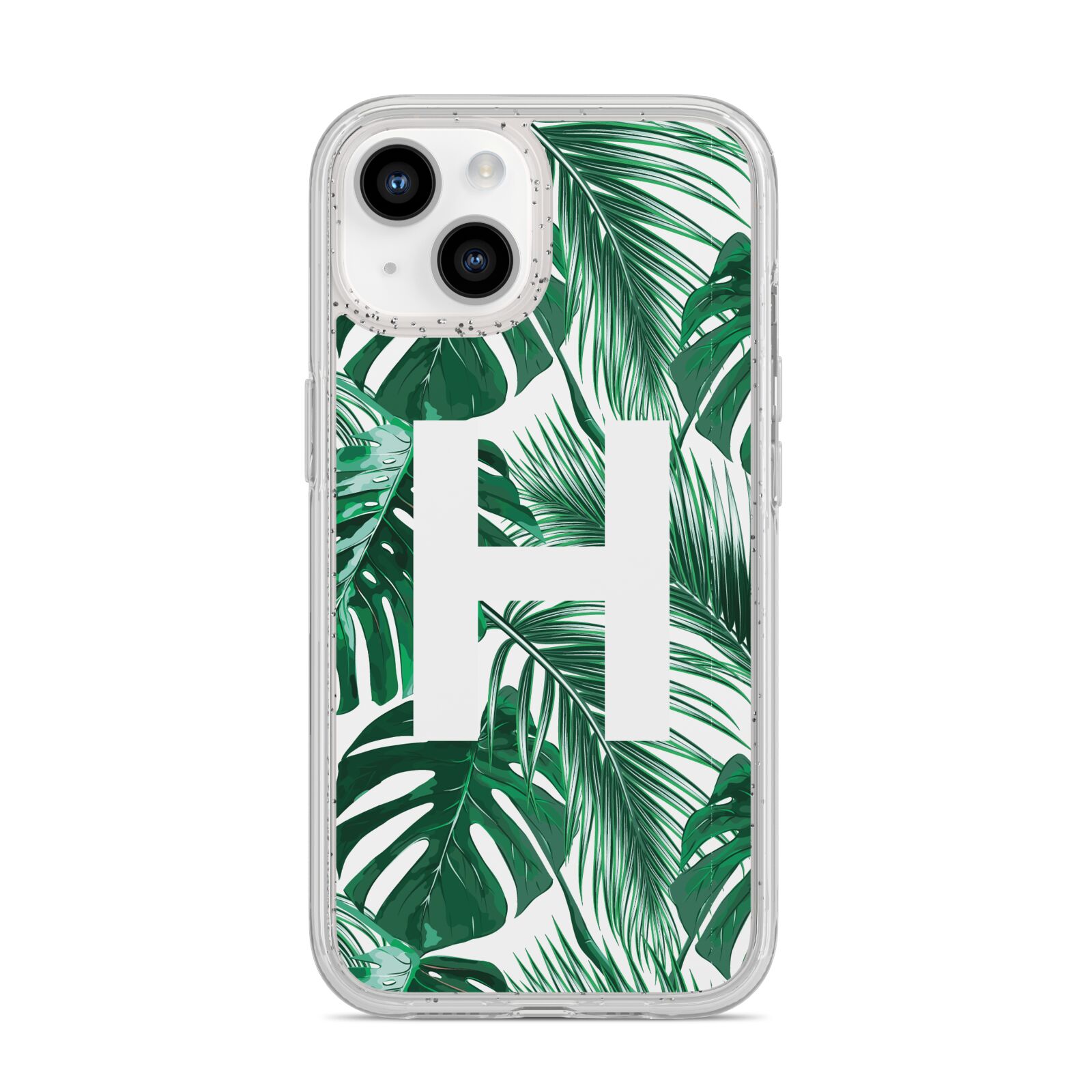 Personalised Palm Monstera Leaf Tropical Print iPhone 14 Glitter Tough Case Starlight
