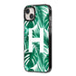 Personalised Palm Monstera Leaf Tropical Print iPhone 14 Plus Black Impact Case Side Angle on Silver phone