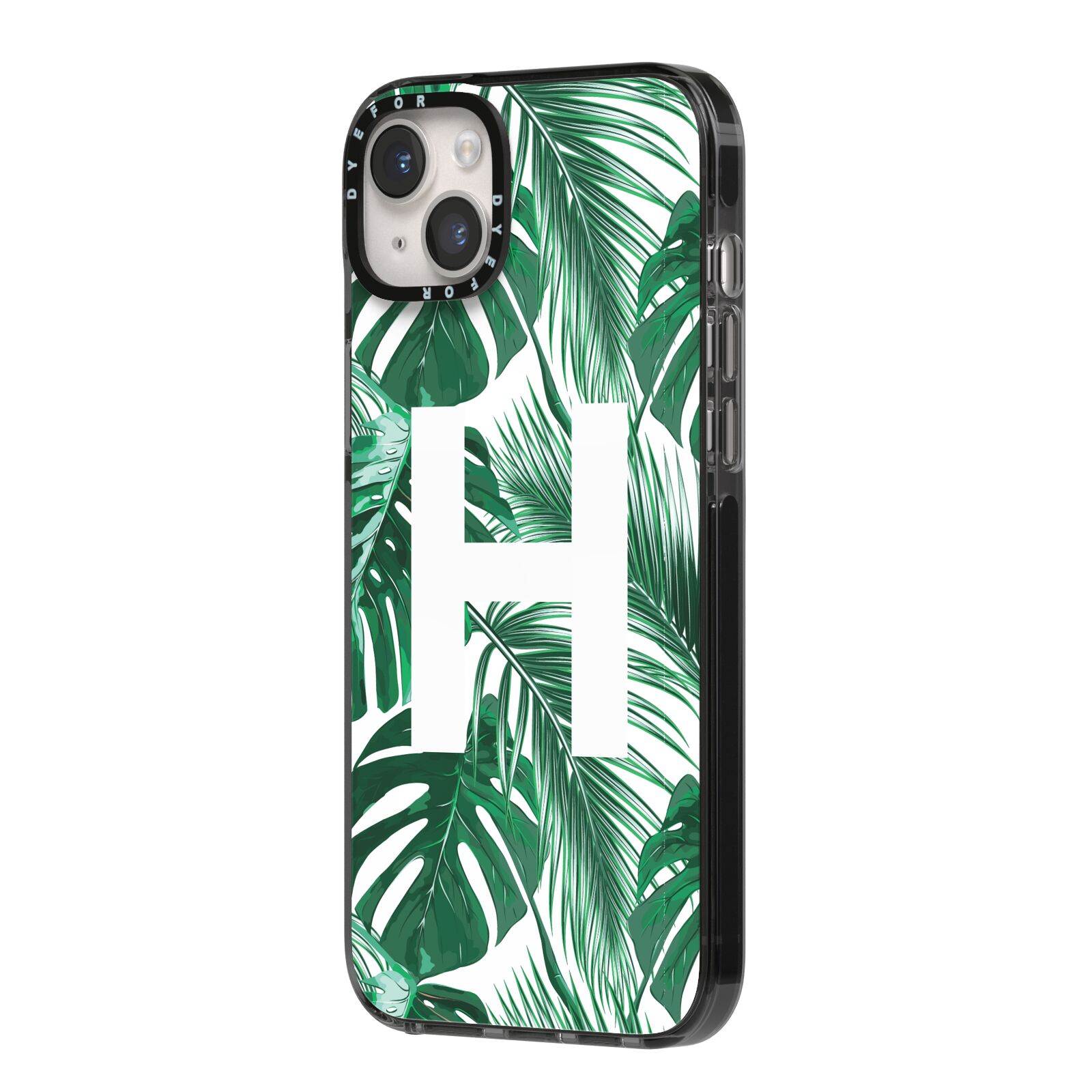 Personalised Palm Monstera Leaf Tropical Print iPhone 14 Plus Black Impact Case Side Angle on Silver phone