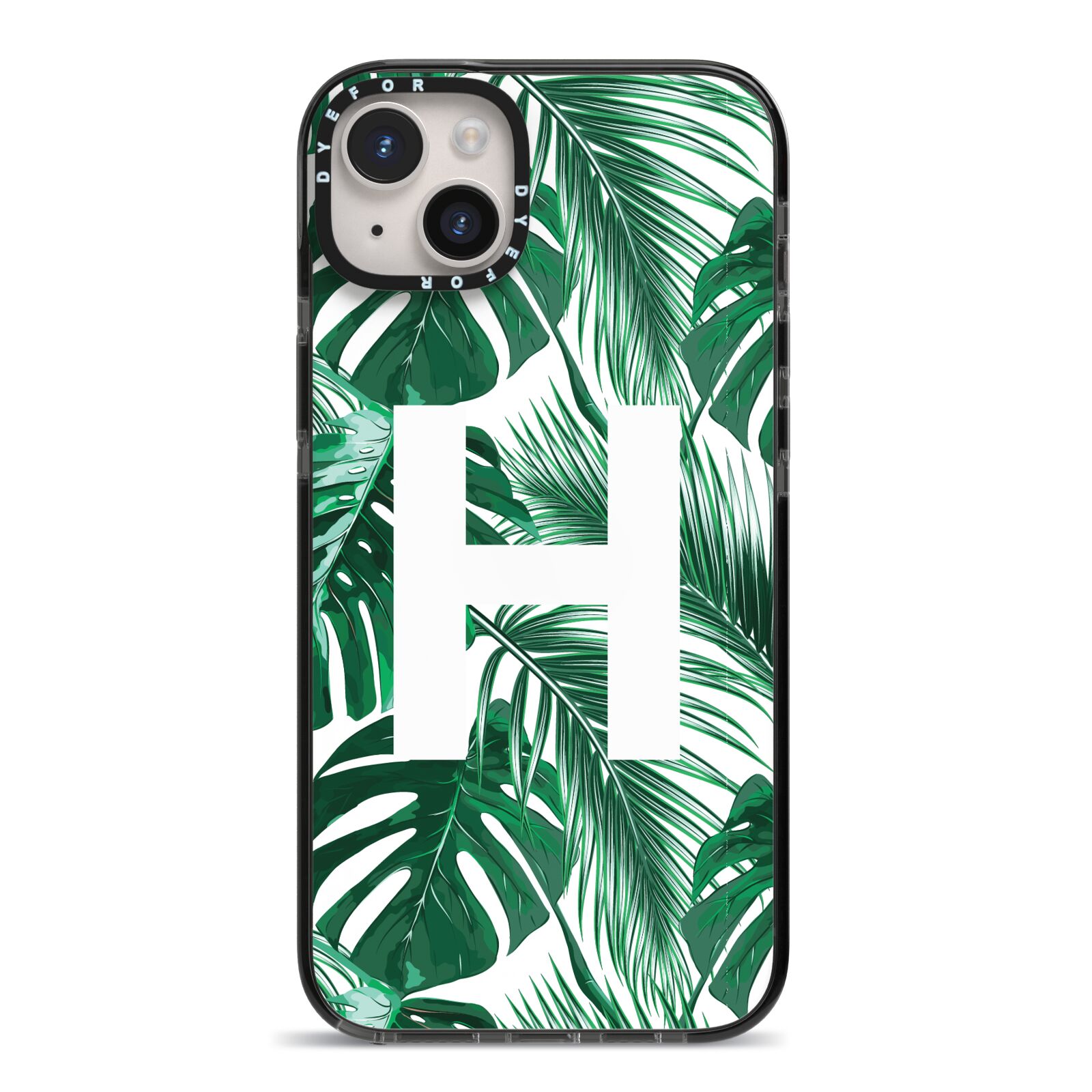 Personalised Palm Monstera Leaf Tropical Print iPhone 14 Plus Black Impact Case on Silver phone