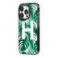 Personalised Palm Monstera Leaf Tropical Print iPhone 14 Pro Black Impact Case Side Angle on Silver phone
