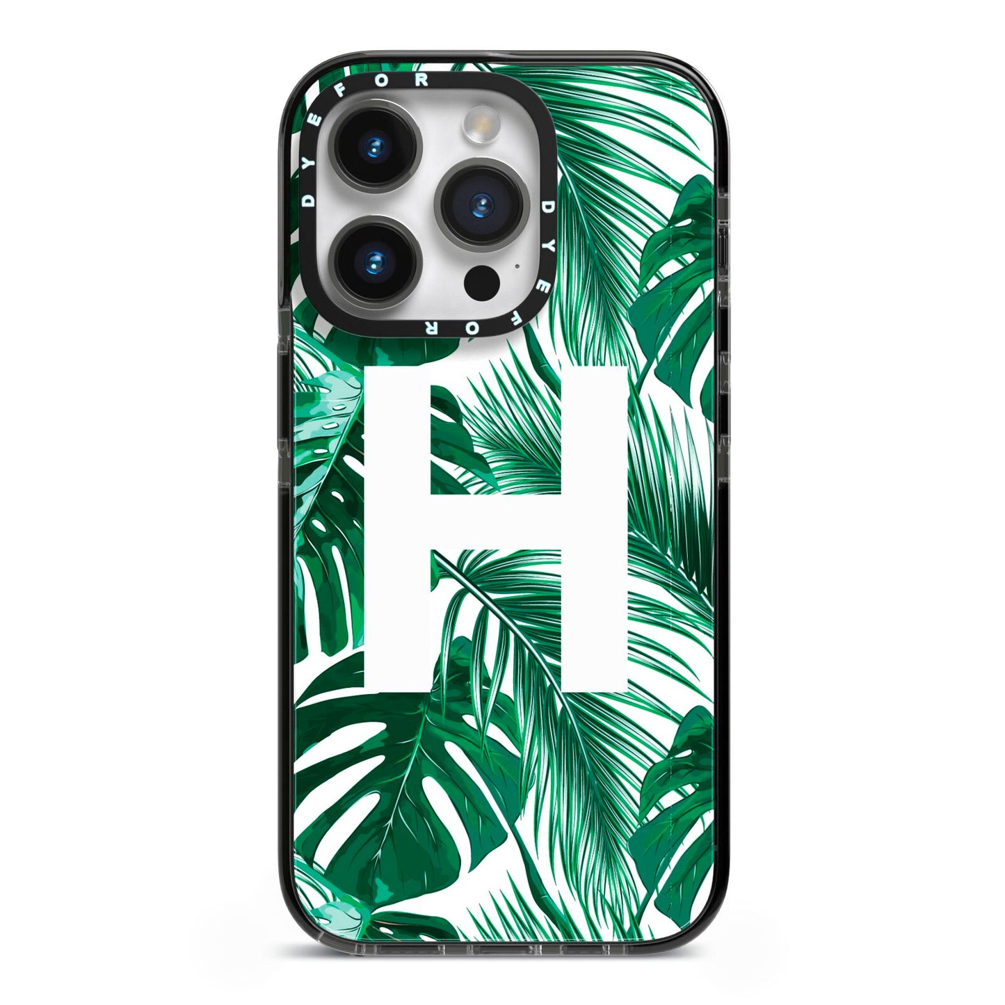 Personalised Palm Monstera Leaf Tropical Print iPhone 14 Pro Black Impact Case on Silver phone