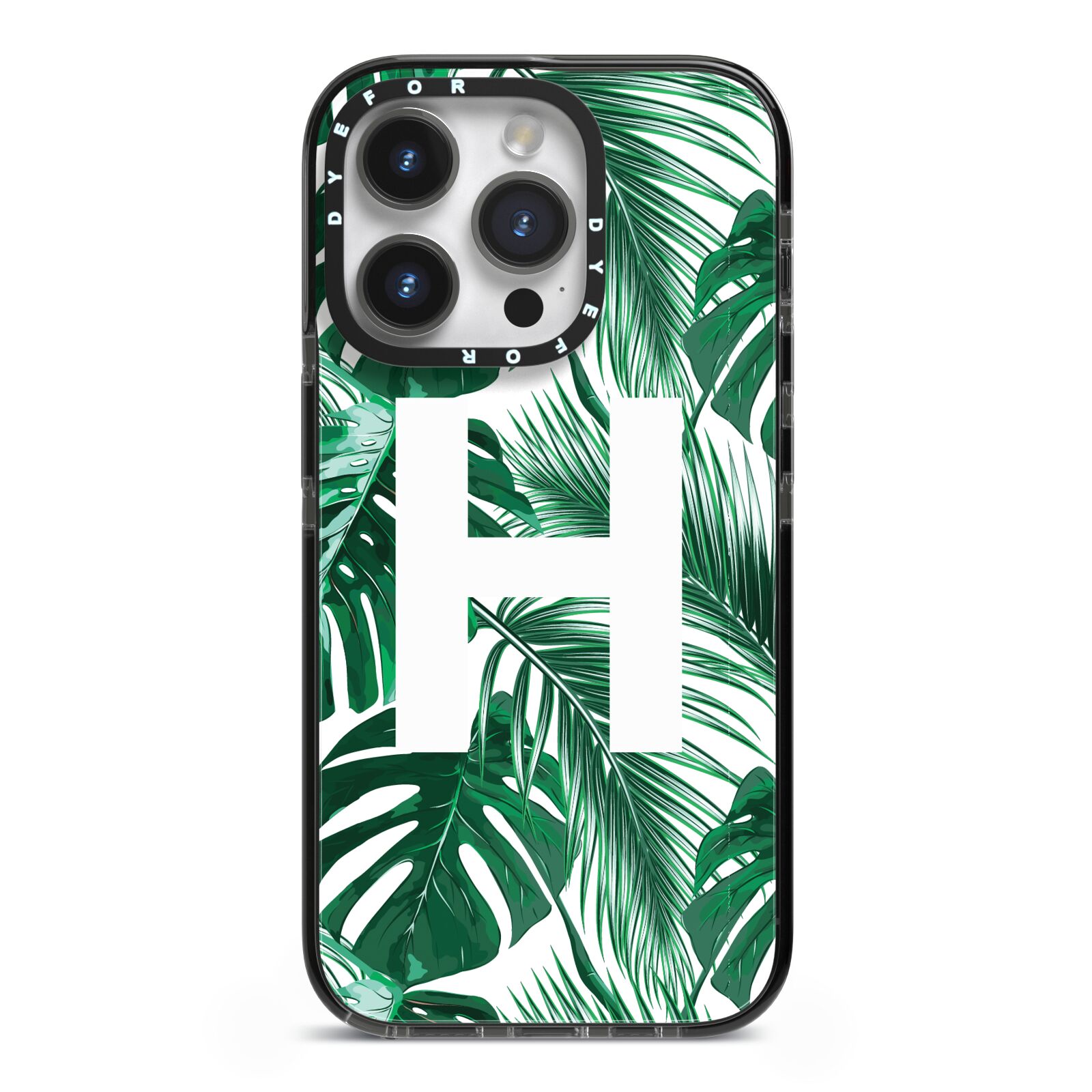 Personalised Palm Monstera Leaf Tropical Print iPhone 14 Pro Black Impact Case on Silver phone