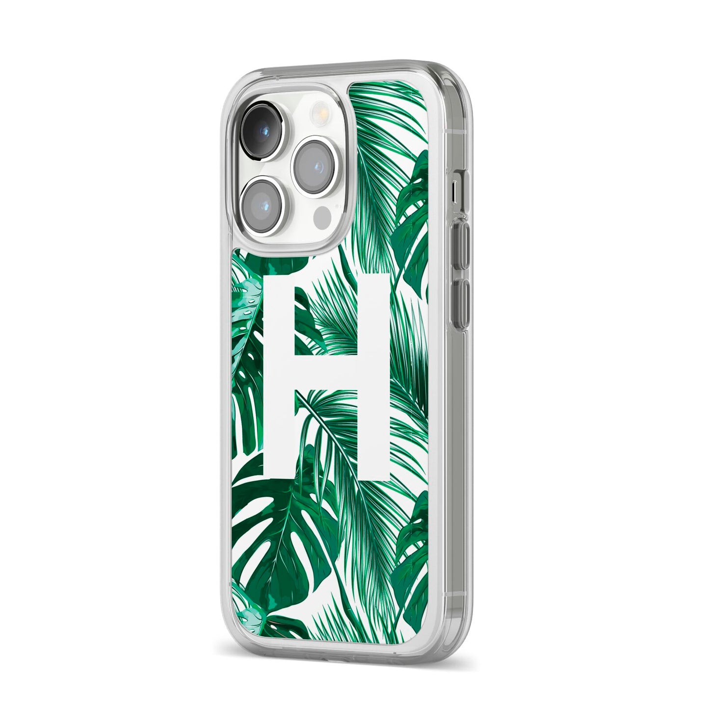 Personalised Palm Monstera Leaf Tropical Print iPhone 14 Pro Clear Tough Case Silver Angled Image