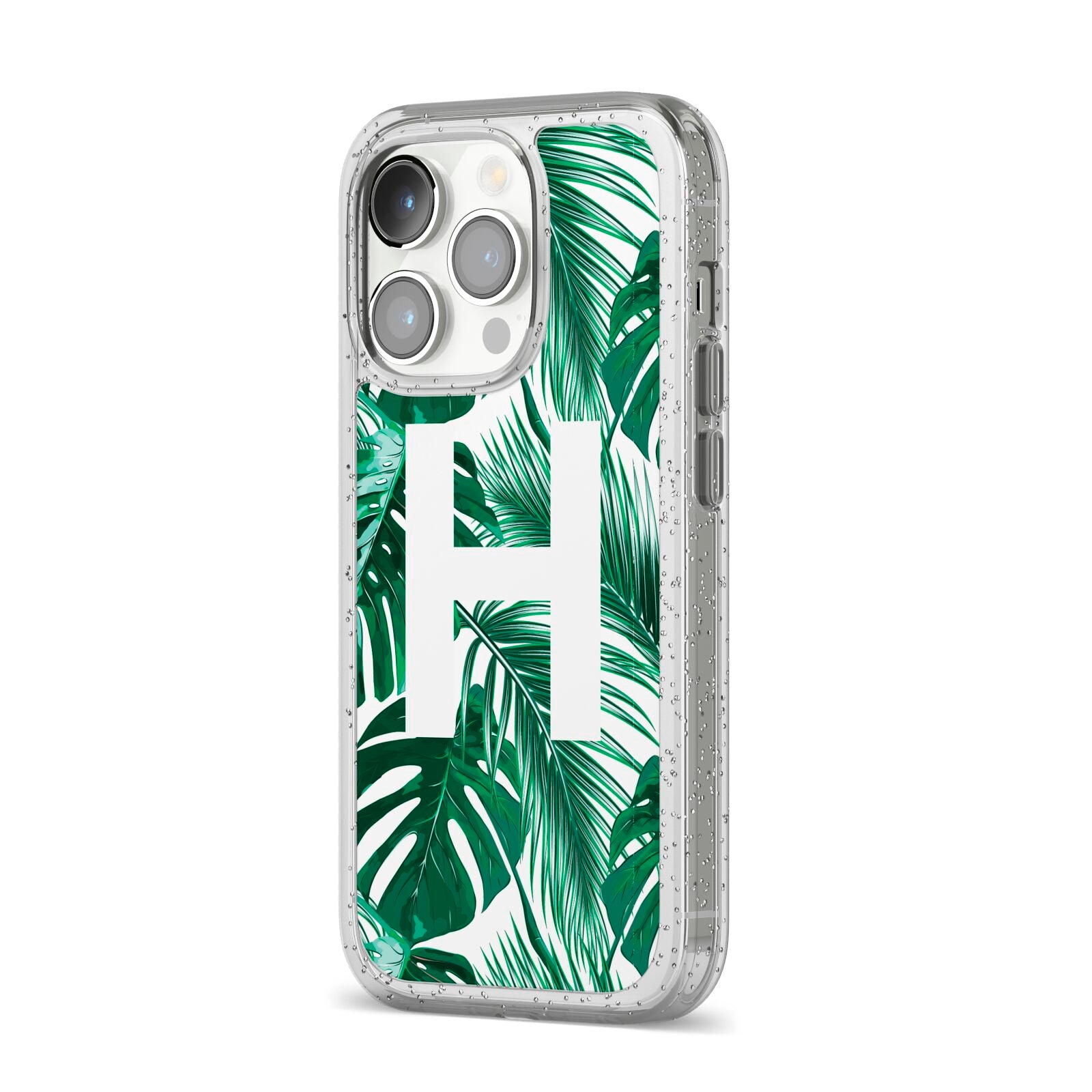 Personalised Palm Monstera Leaf Tropical Print iPhone 14 Pro Glitter Tough Case Silver Angled Image