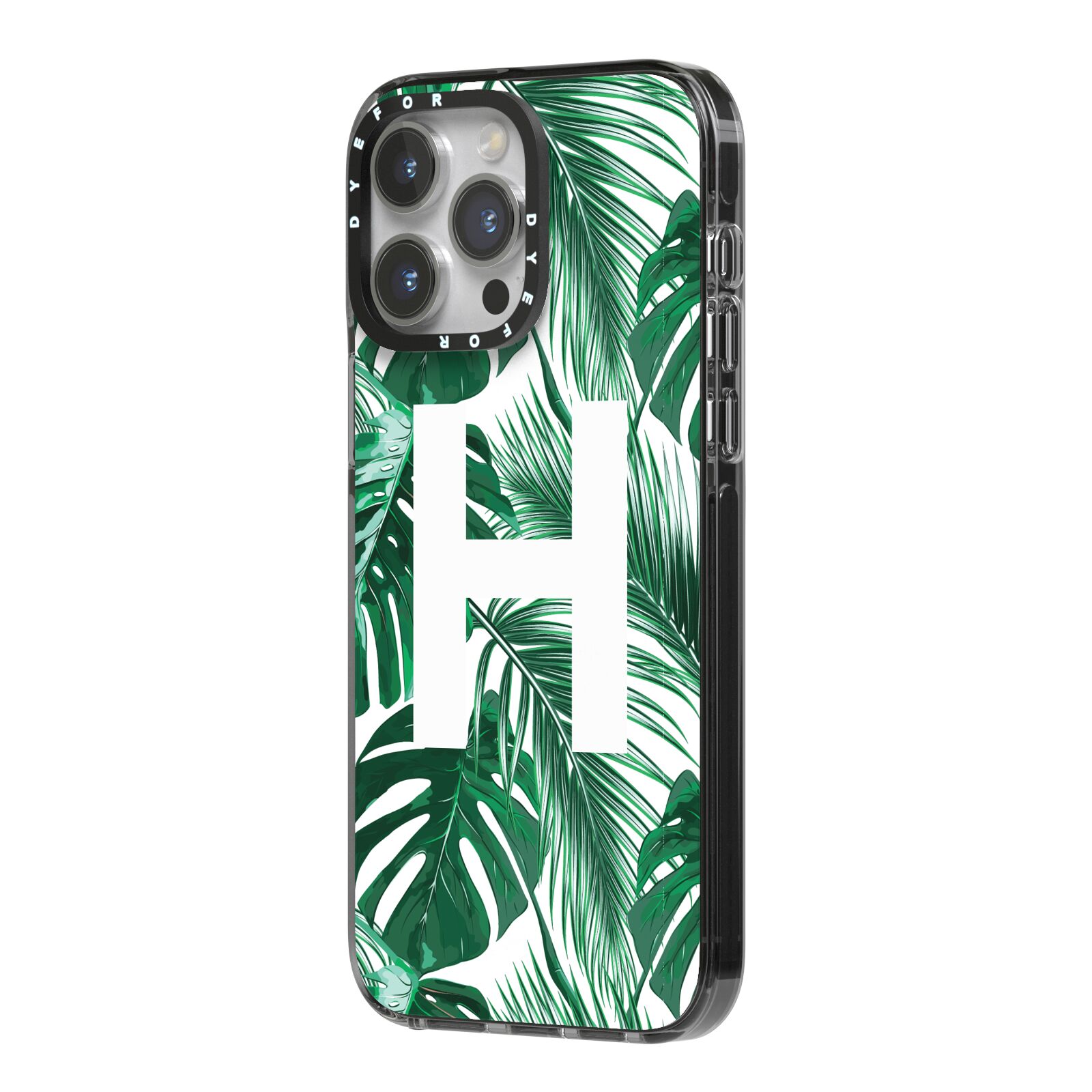 Personalised Palm Monstera Leaf Tropical Print iPhone 14 Pro Max Black Impact Case Side Angle on Silver phone