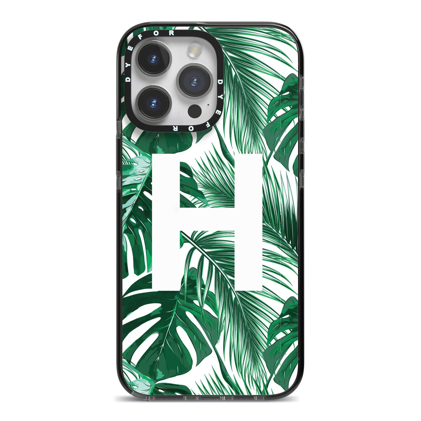 Personalised Palm Monstera Leaf Tropical Print iPhone 14 Pro Max Black Impact Case on Silver phone