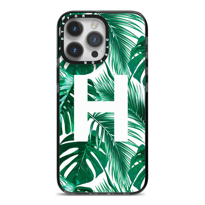 Personalised Palm Monstera Leaf Tropical Print iPhone 14 Pro Max Black Impact Case on Silver phone