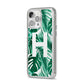 Personalised Palm Monstera Leaf Tropical Print iPhone 14 Pro Max Clear Tough Case Silver Angled Image