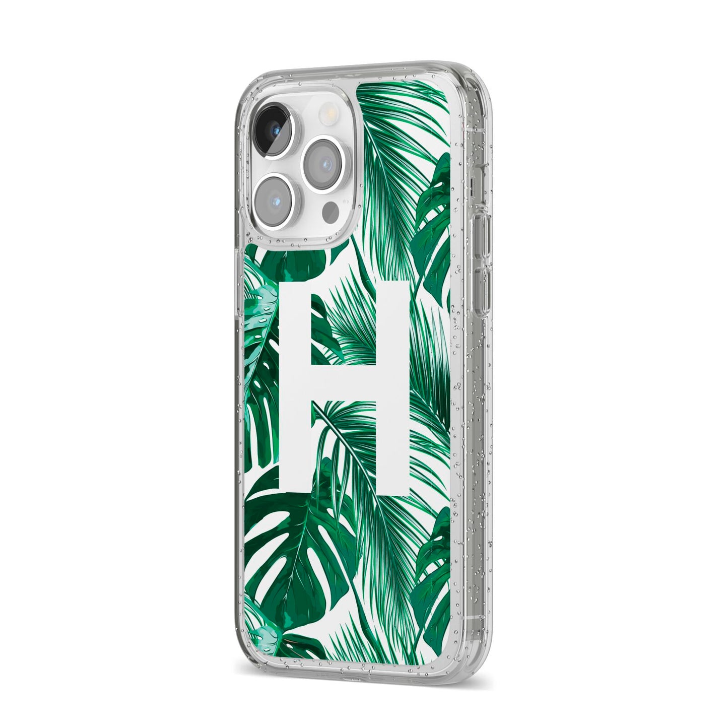 Personalised Palm Monstera Leaf Tropical Print iPhone 14 Pro Max Glitter Tough Case Silver Angled Image