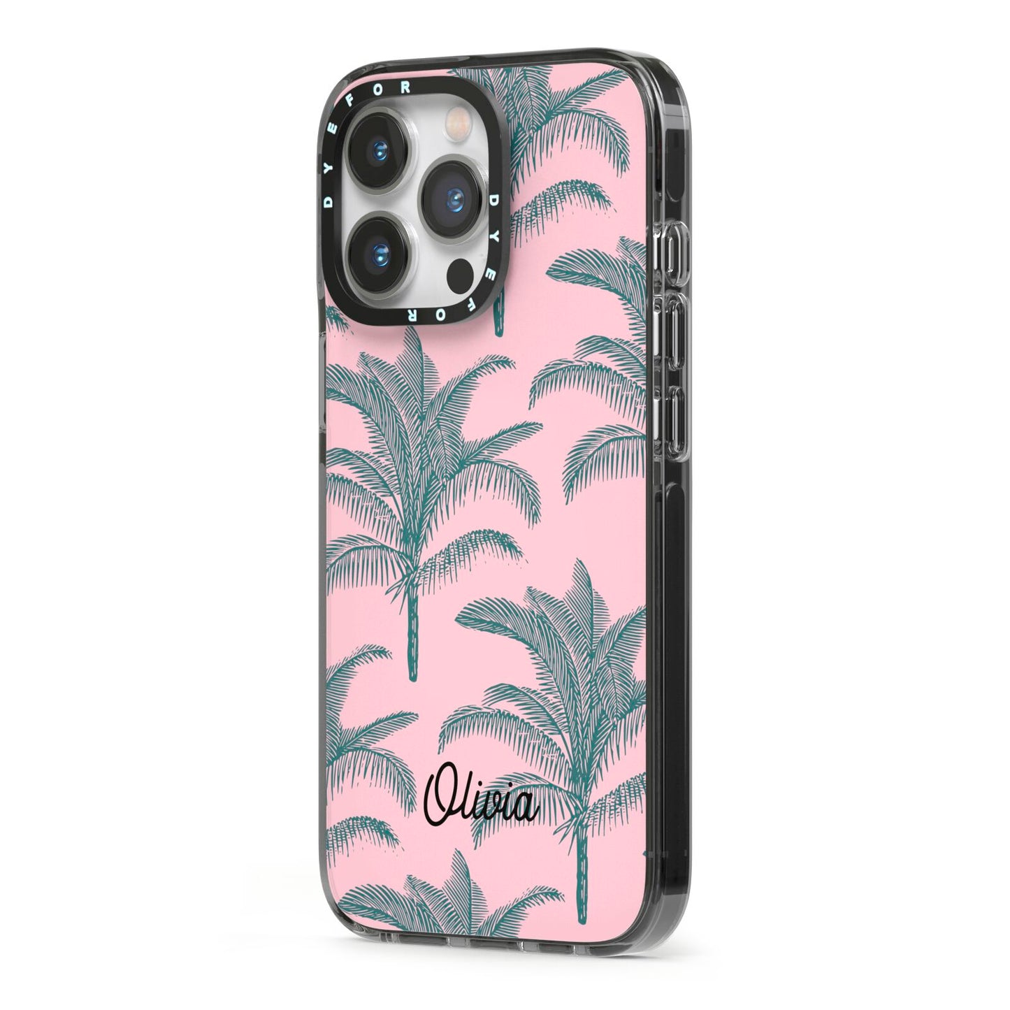 Personalised Palm iPhone 13 Pro Black Impact Case Side Angle on Silver phone