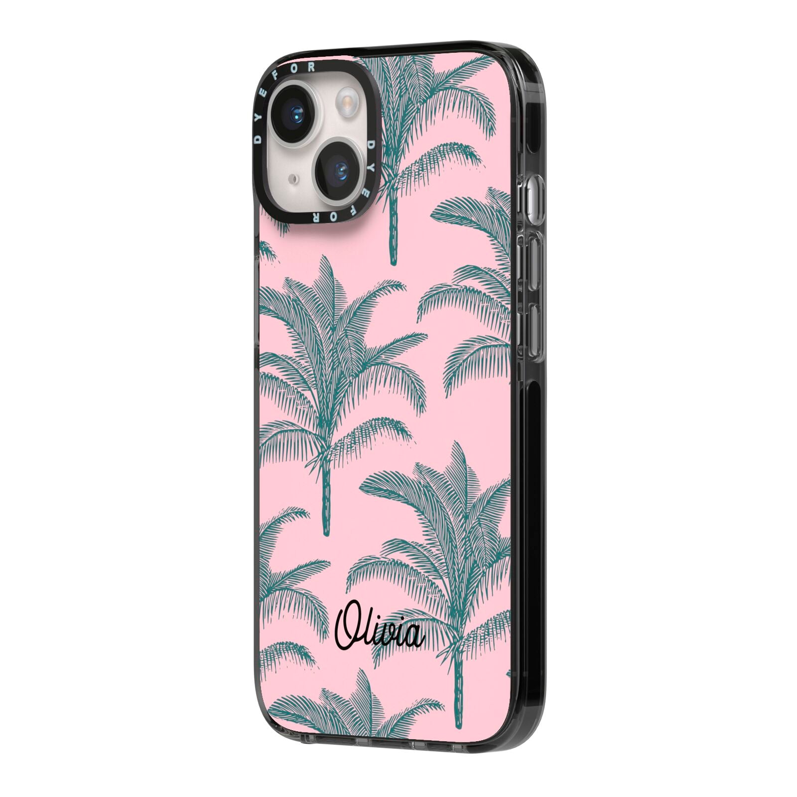 Personalised Palm iPhone 14 Black Impact Case Side Angle on Silver phone