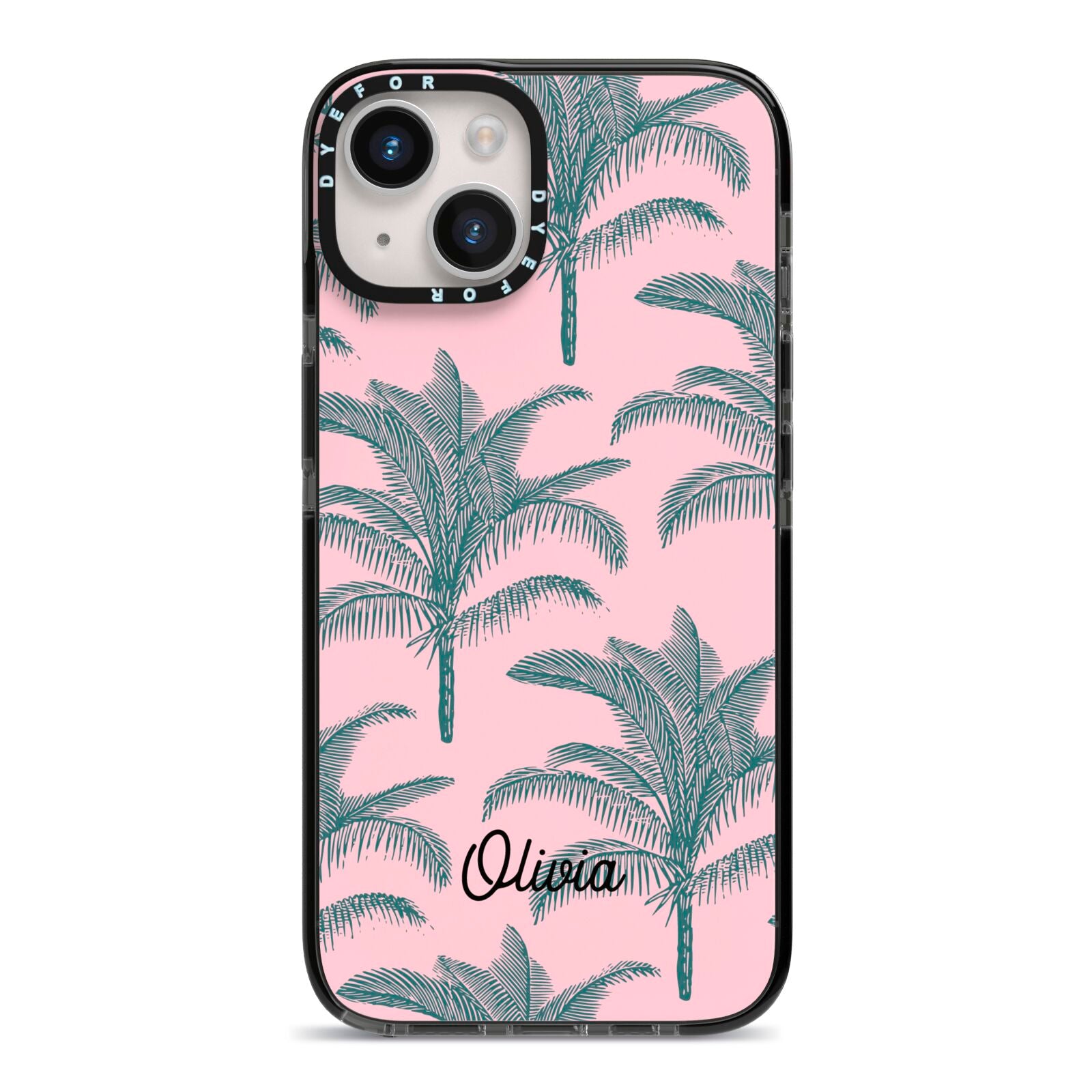 Personalised Palm iPhone 14 Black Impact Case on Silver phone