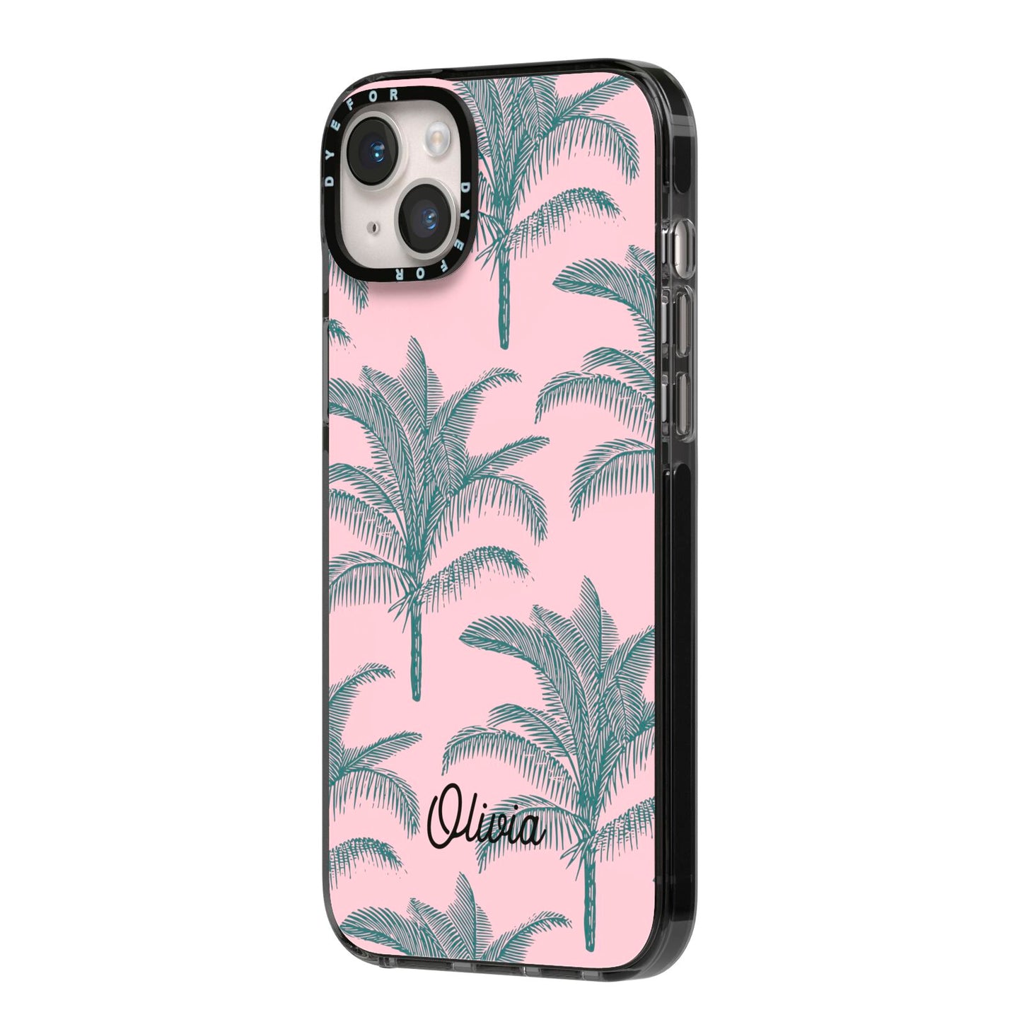 Personalised Palm iPhone 14 Plus Black Impact Case Side Angle on Silver phone