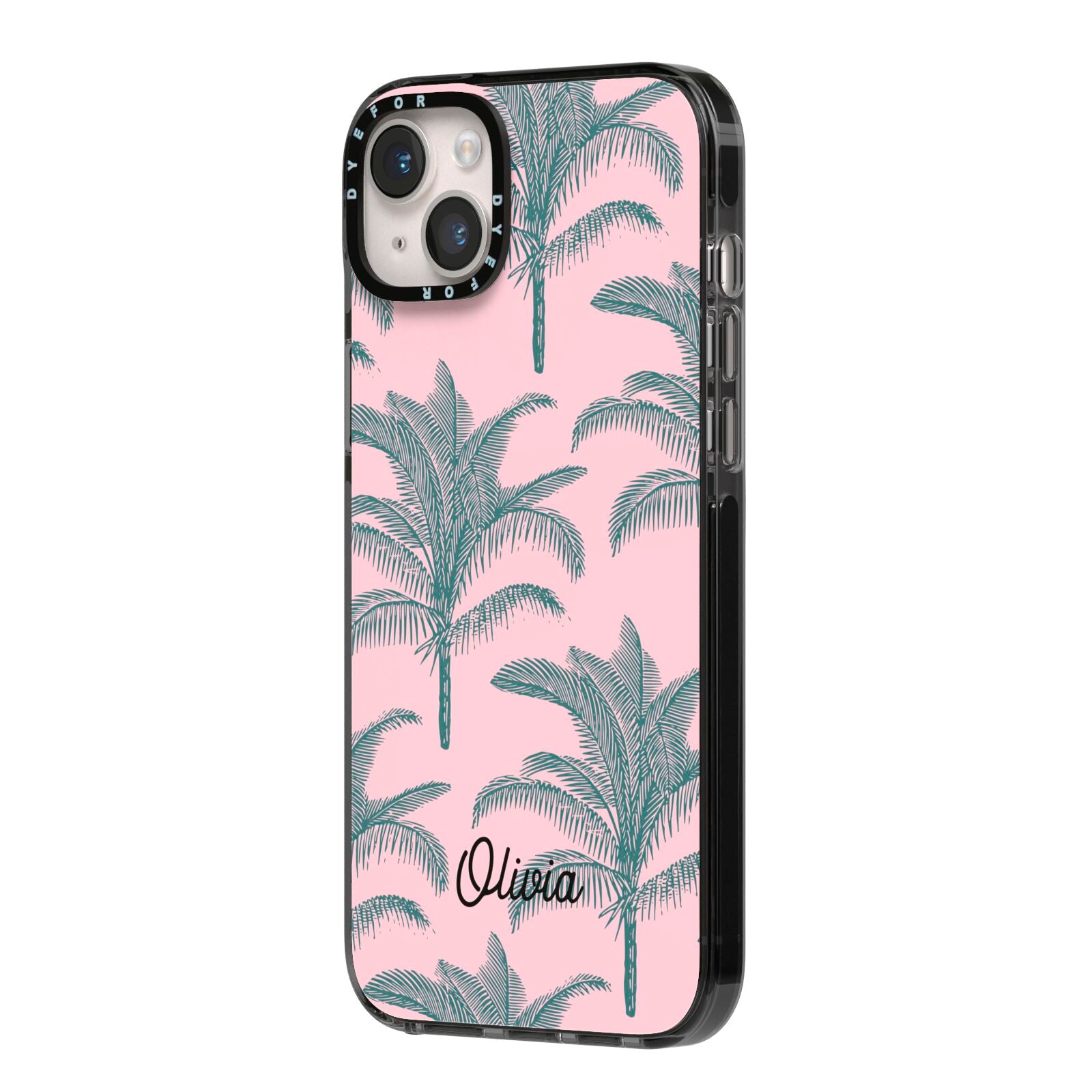 Personalised Palm iPhone 14 Plus Black Impact Case Side Angle on Silver phone