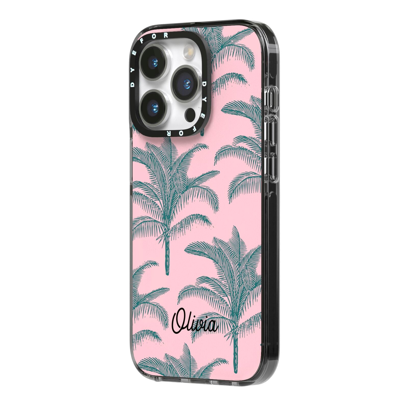 Personalised Palm iPhone 14 Pro Black Impact Case Side Angle on Silver phone