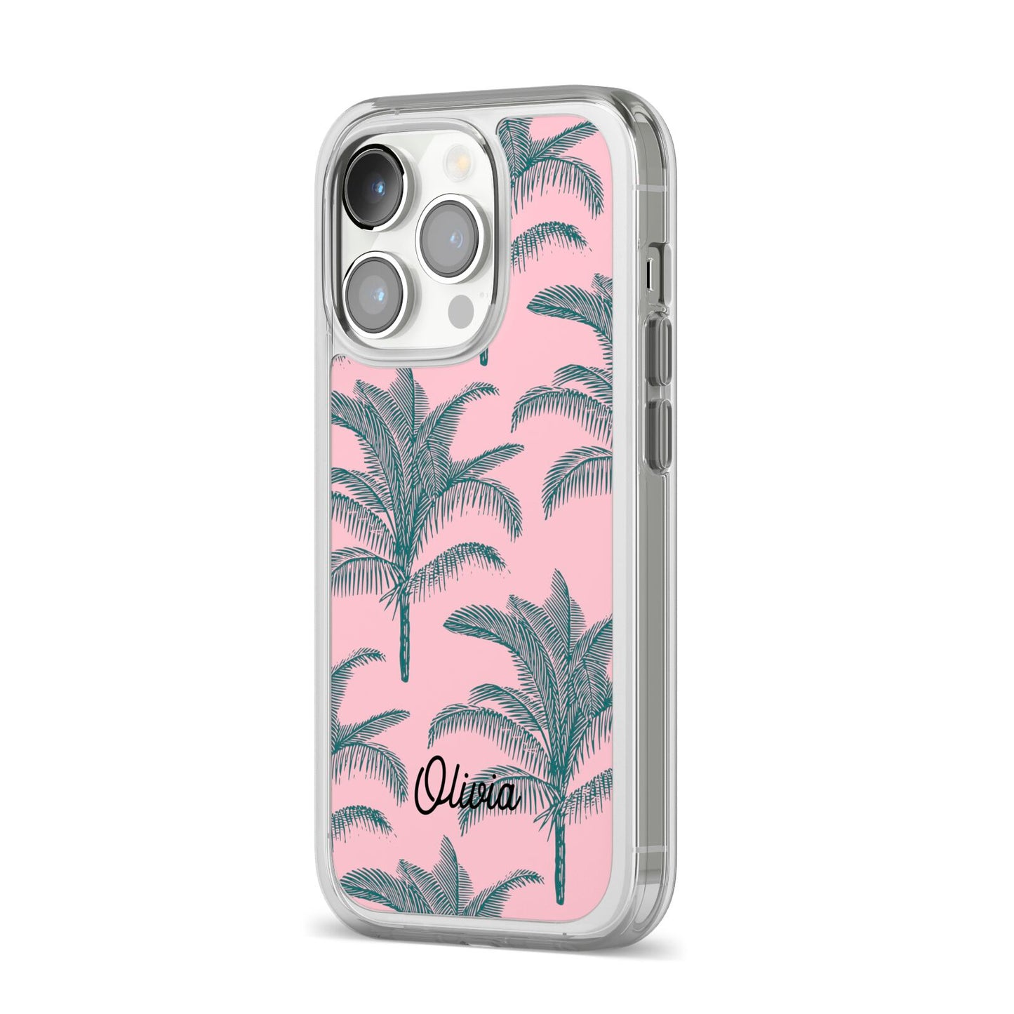 Personalised Palm iPhone 14 Pro Clear Tough Case Silver Angled Image