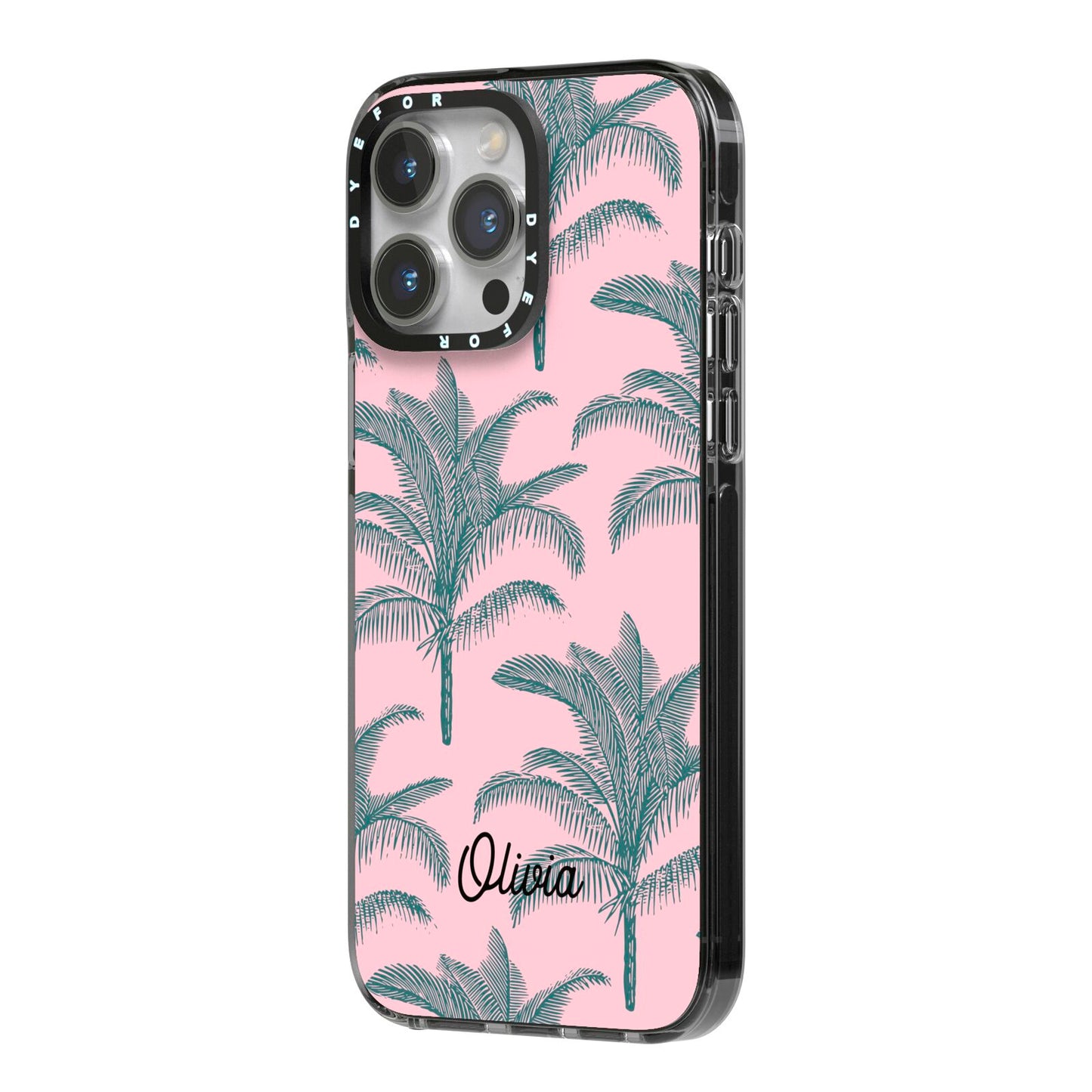 Personalised Palm iPhone 14 Pro Max Black Impact Case Side Angle on Silver phone